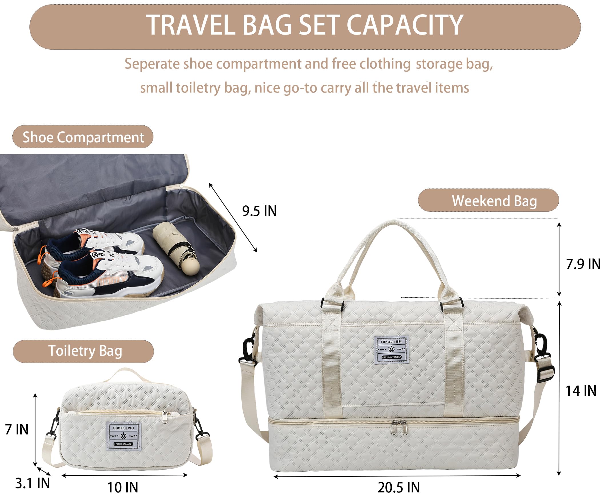 Best Travel Duffle Bag for Women - Waterproof Weekender Overnight Bag with Shoe Compartment & Wet Pocket, Gym Duffel, Hospital Bag for Labor - Perfect for Travel, Gym, Maternity & Weekend Getaways (Beige)