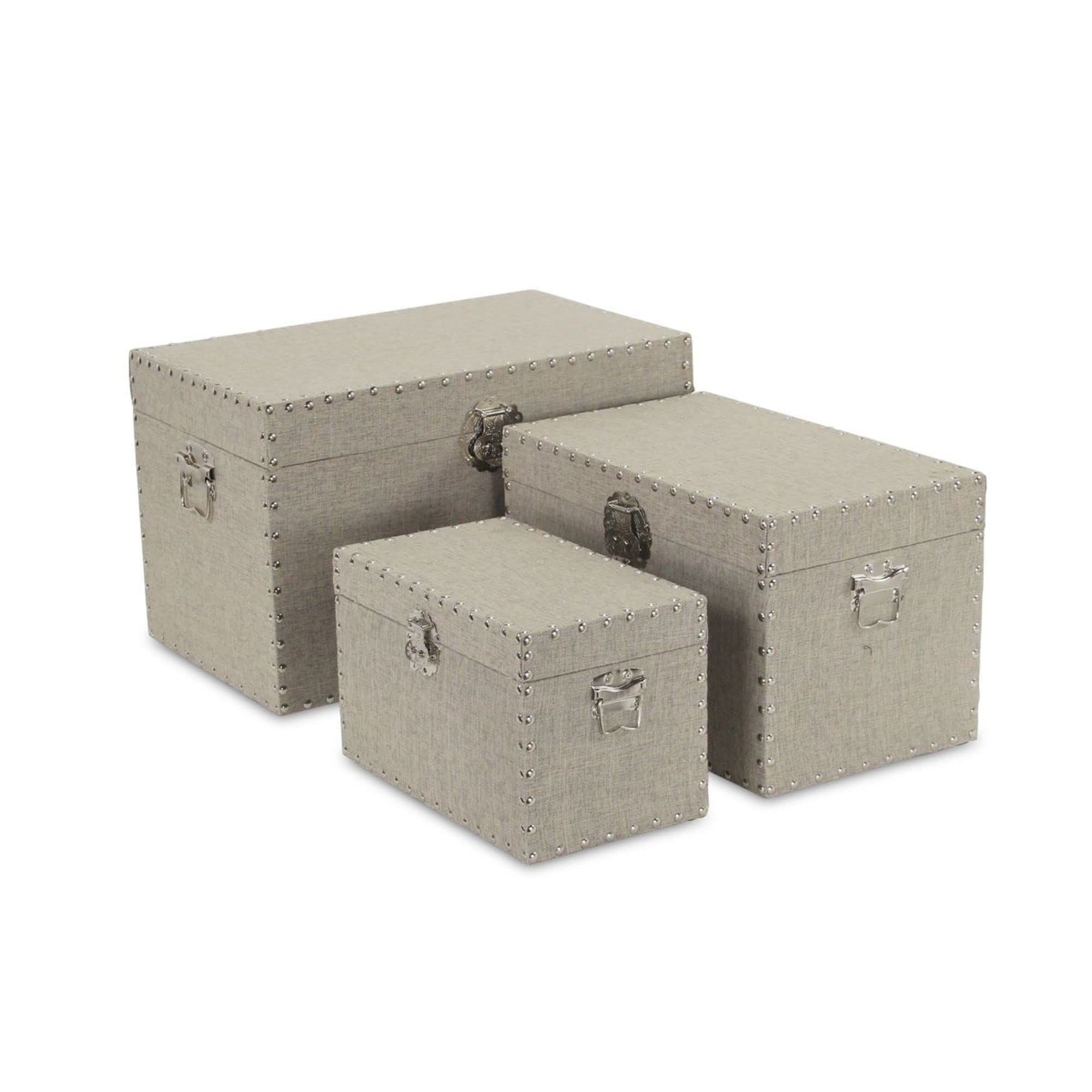 Set of 3 Gray and Silver Studded Storage Trunks - 19.75 Inch Vintage Style Decorative Storage Boxes for Bedroom, Living Room & Home Organization