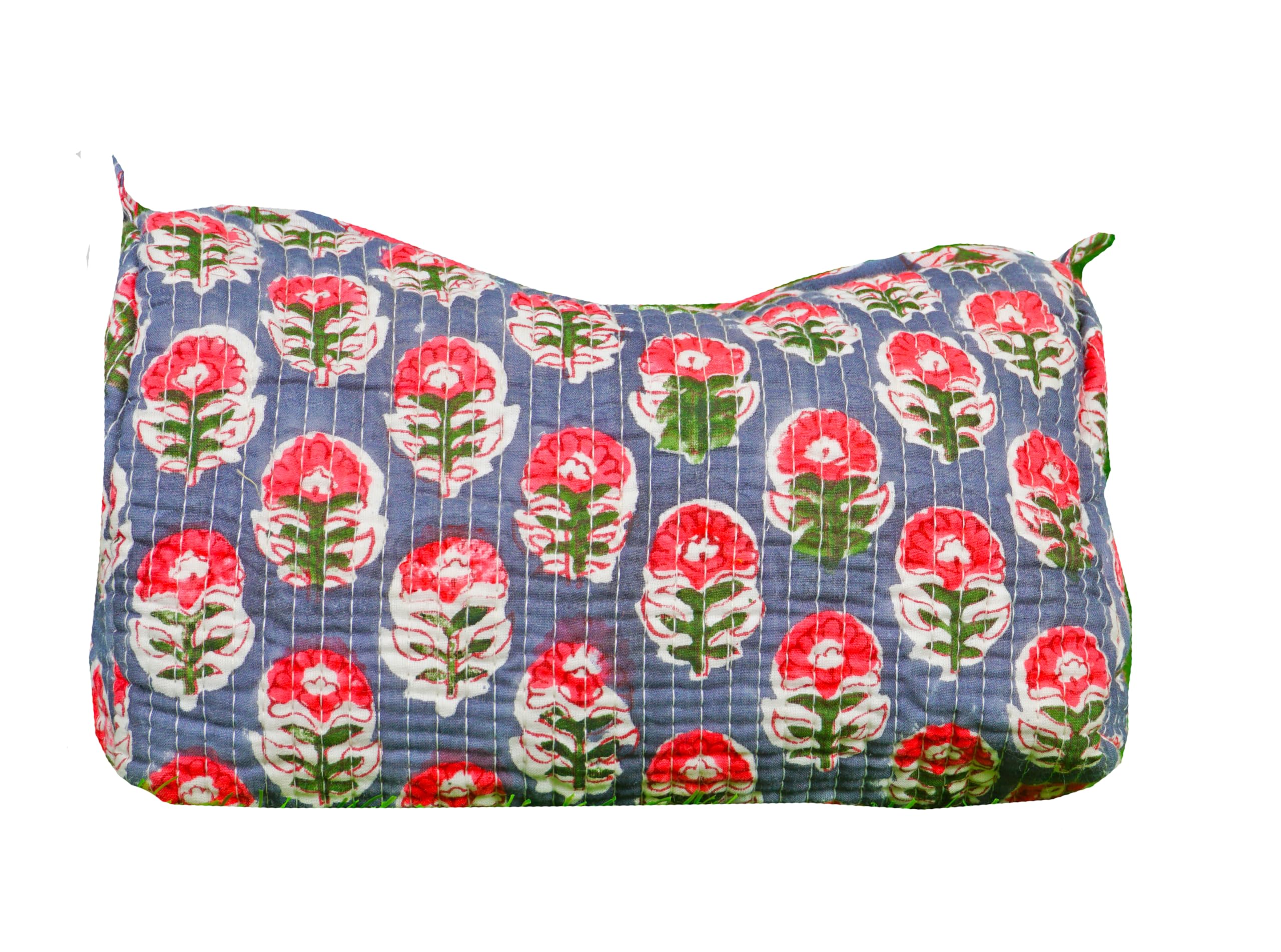 Handmade Indian Cotton Quilted Floral Block Print Toiletry Bag - Blue Cosmetic Pouch & Makeup Bag for Women | Travel Organizer, Gift Idea (1, Blue A)