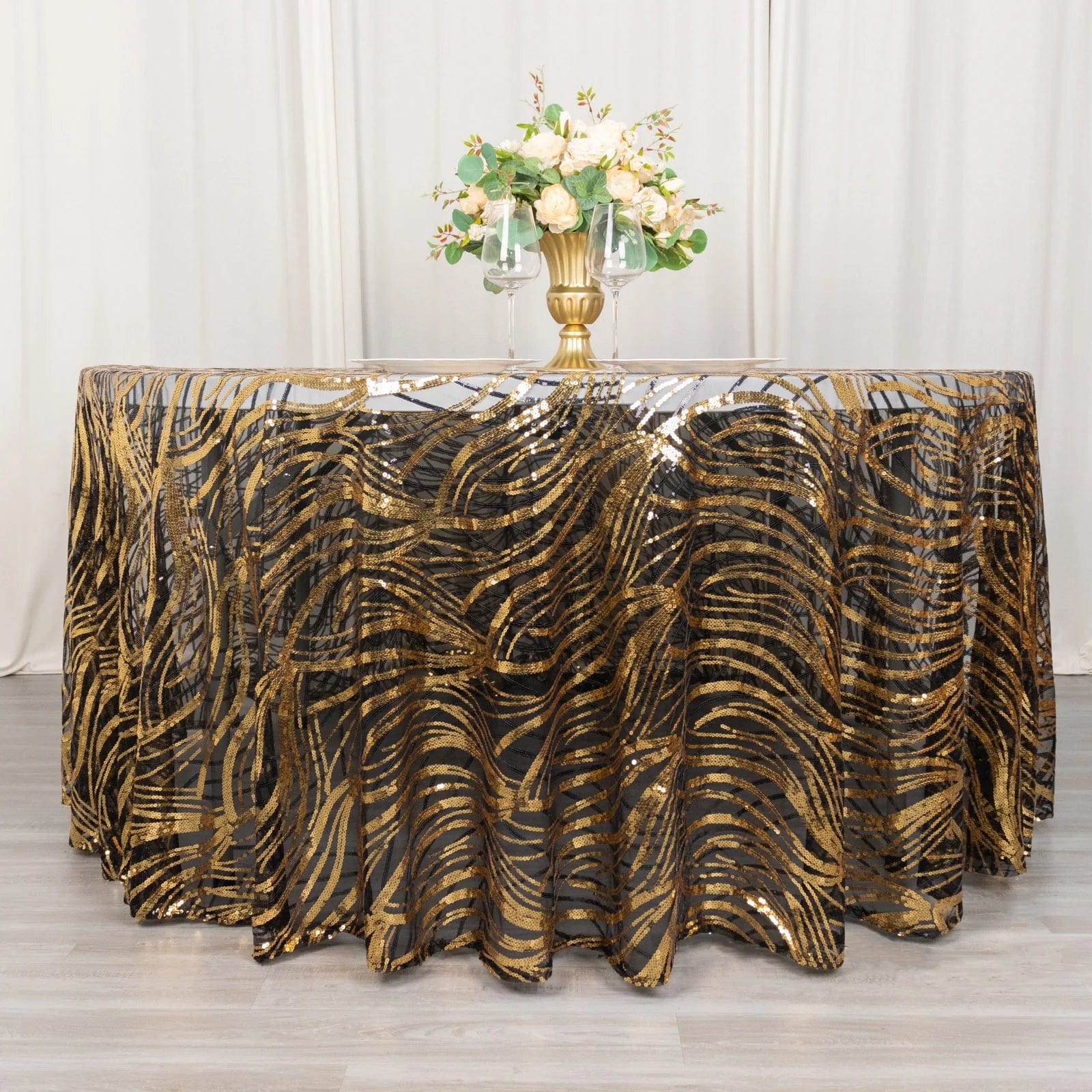 120 Mesh Round Tablecloth with Wavy Embroidered Sequins - Elegant Party Decor for Weddings, Banquets & Special Events