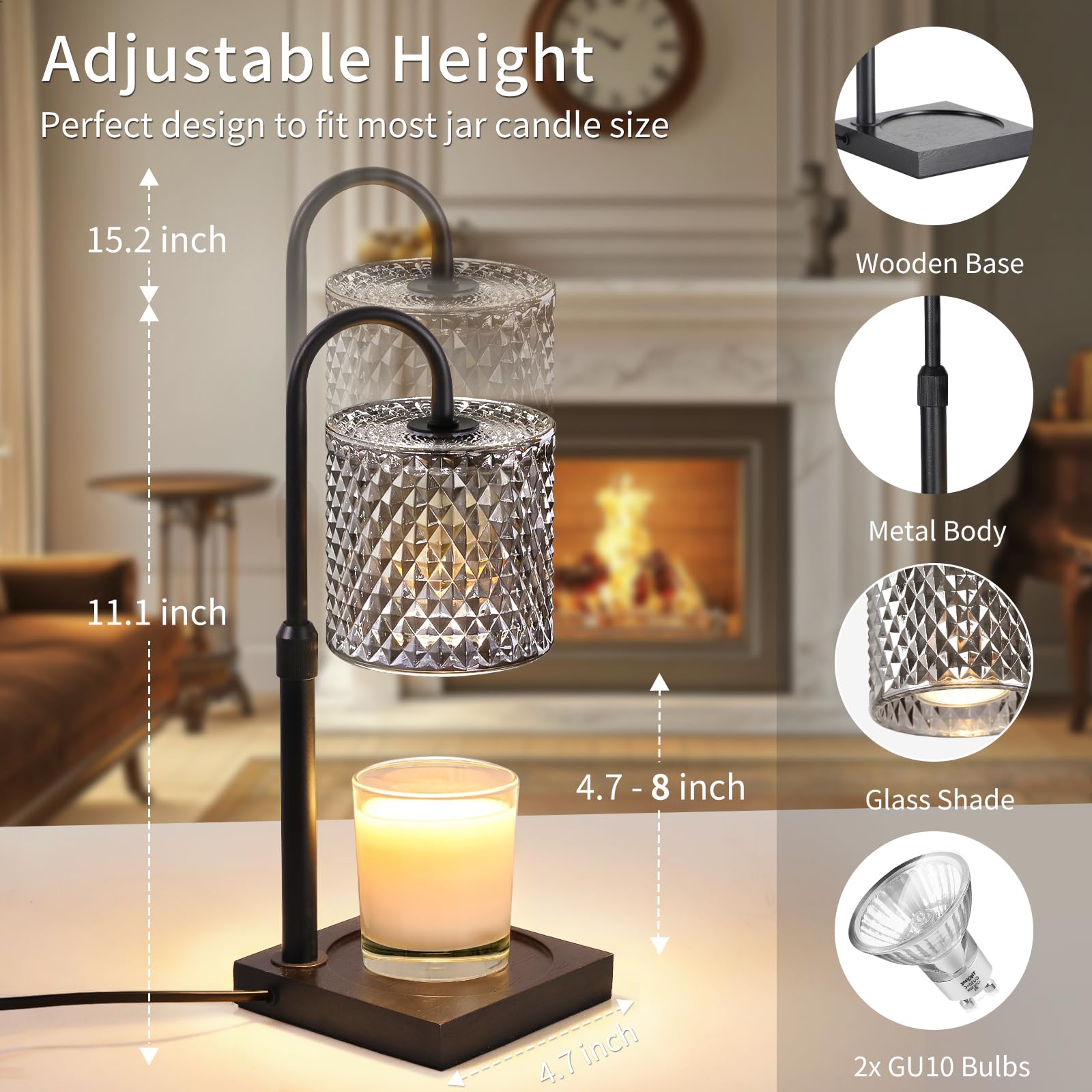 Adjustable Height Candle Warmer Lamp with Timer & Dimmer - 2 Bulbs Included for Jar Candles - Elegant Home Decor & Perfect Birthday Gift for Women - Ideal for Relaxation, Aromatherapy & Cozy Ambiance