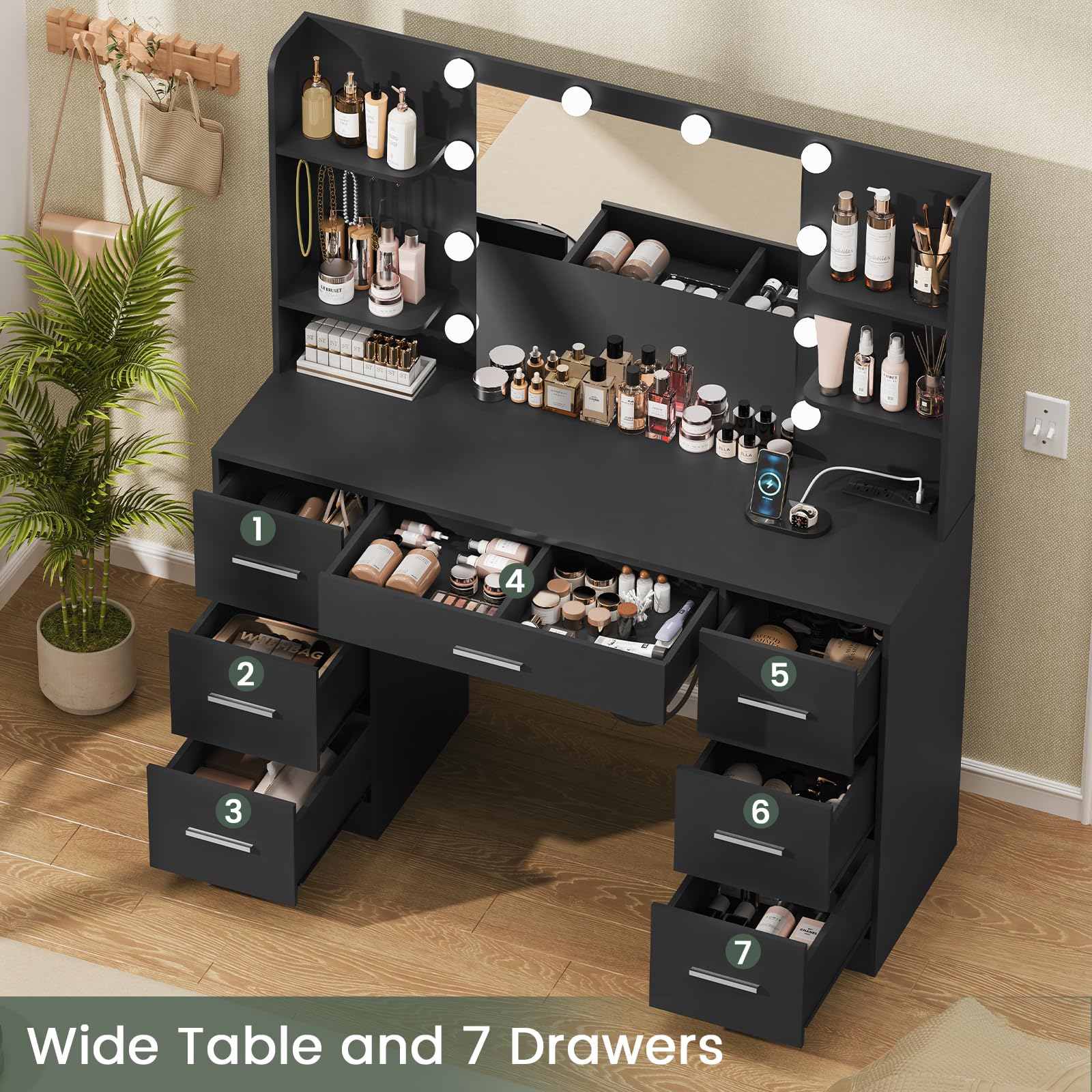 Quimoo Large Vanity Desk with LED Lighted Mirror & Power Outlet - Makeup Vanity Table with 7 Drawers, 4 Shelves & 5 Hooks - Modern Vanity Desk Set for Bedroom or Bathroom (Black) - Perfect for Makeup Organization, Dressing Room & Home Decor