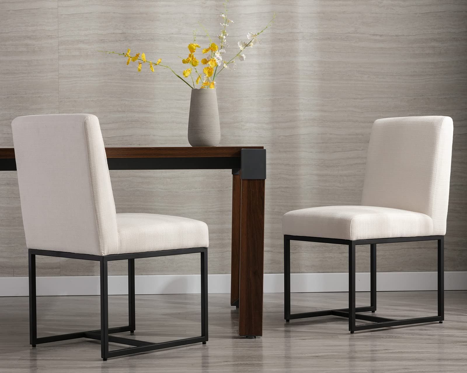 Modern Linen Dining Chairs Set of 2 - Mid Century Fabric Padded Armless Side Chairs with Black Sled Base for Dining Room, Kitchen, Breakfast Nook - Beige 2 Piece Set