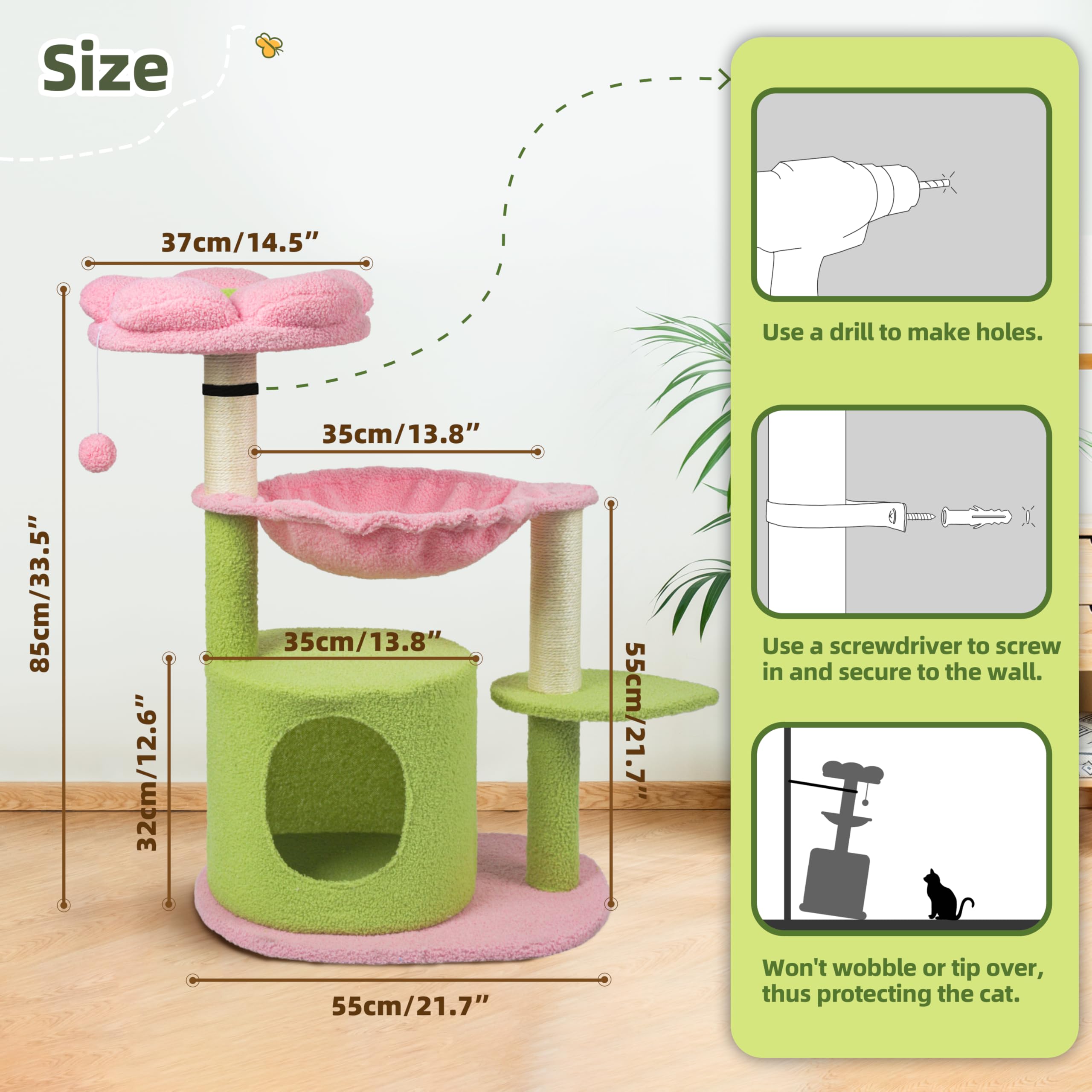 **33'' Pink Cat Tree with Hanging Toys & Flower Design - Sturdy Indoor Cat Condo for Kittens & Adult Cats - Perfect for Small Spaces & Playtime**