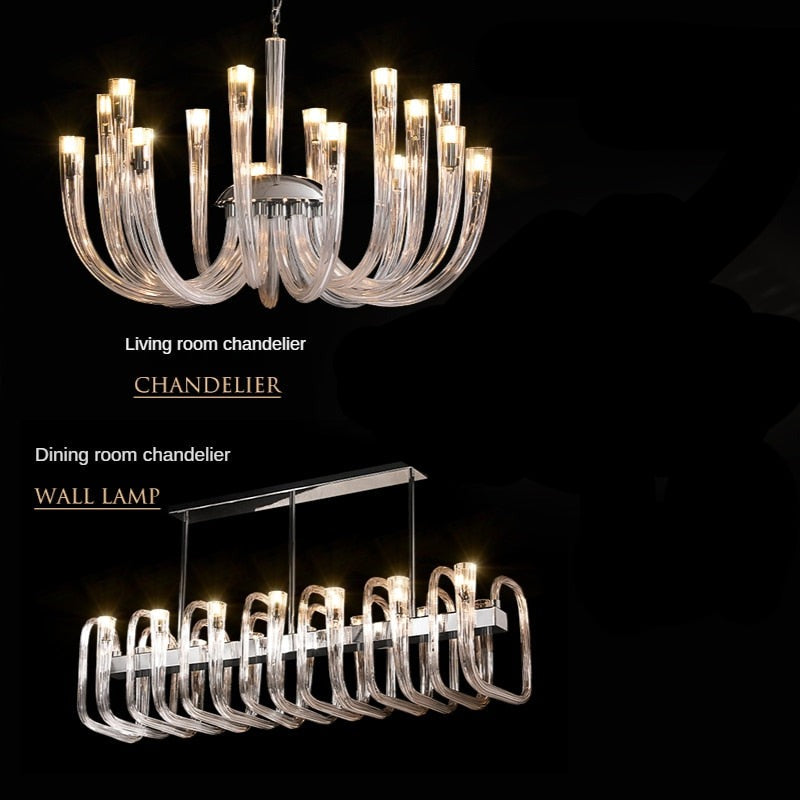 Italian U-Shaped Glass Crystal Chandelier - Elegant Lustre Art Pendant Light Fixture for Dining Room, Foyer, and Luxury Home Decor