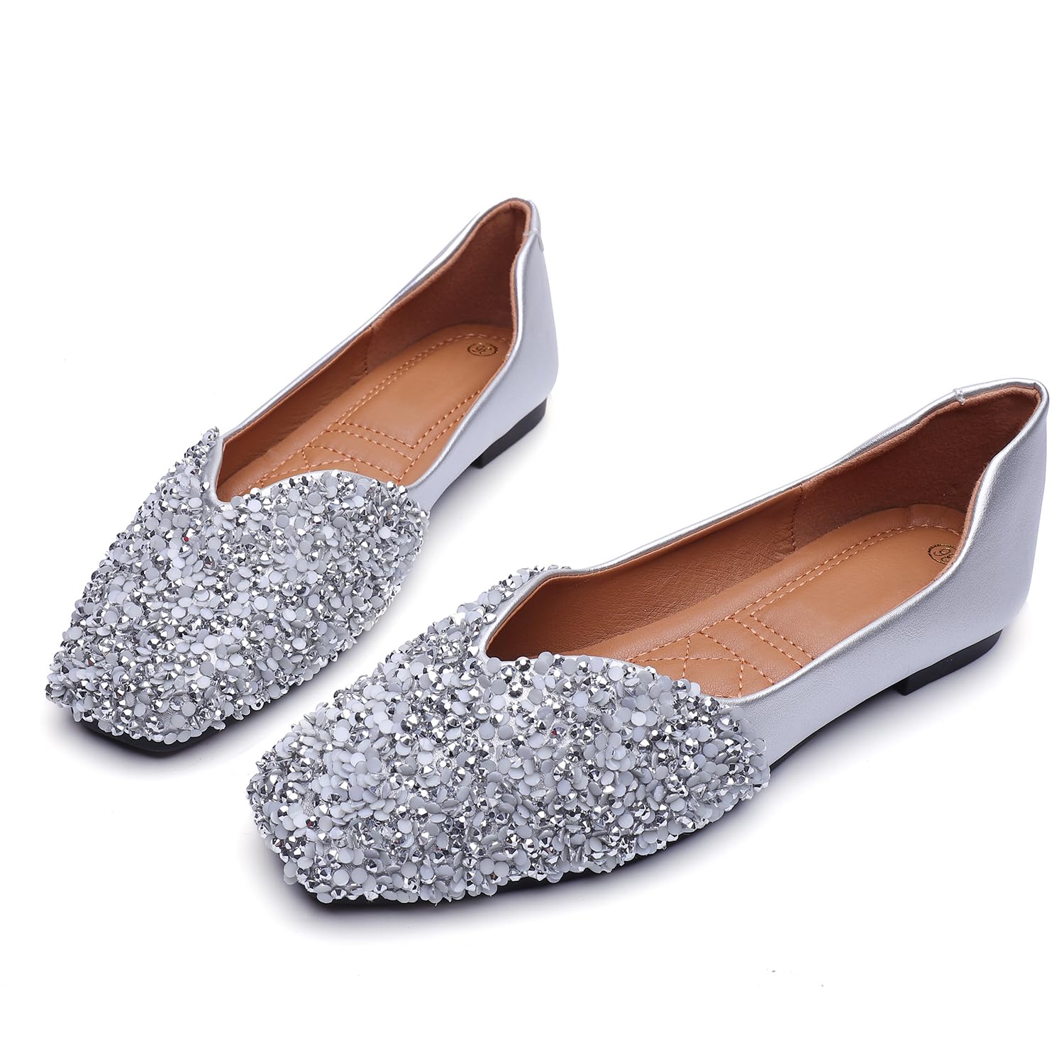 Sparkly Rhinestone Ballet Flats for Women - Comfortable Square Toe Slip-On Low Heel Dress Shoes | Wedding, Party, Office & Casual Wear