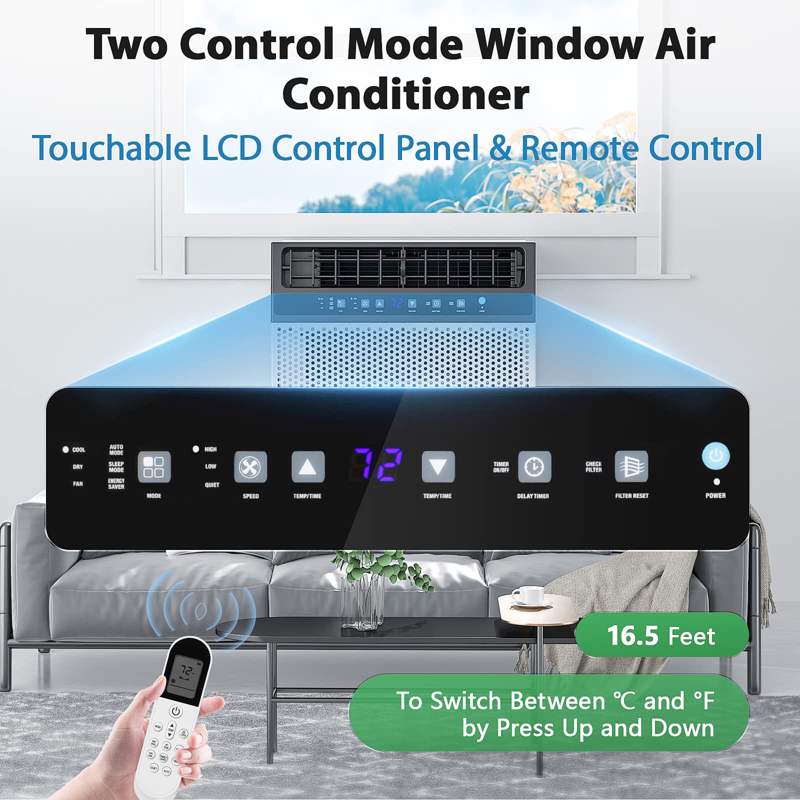 12000 BTU Window Air Conditioner - Joy Pebble AC Unit Cools Rooms Up to 550 Sq.Ft with 3 Fan Speeds, Dehumidifier, 24H Timer & ECO Mode - Perfect for Bedrooms, Living Rooms and Home Offices