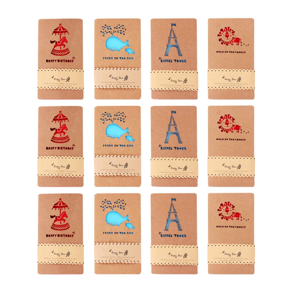 PRETYZOOM 12pcs Kraft Paper Greeting Cards Set - Birthday Cartoon Message Cards, Holiday Wish Cards for Mother's Day, Wedding & Party - Perfect for Gift Giving, Scrapbooking & Home Decor