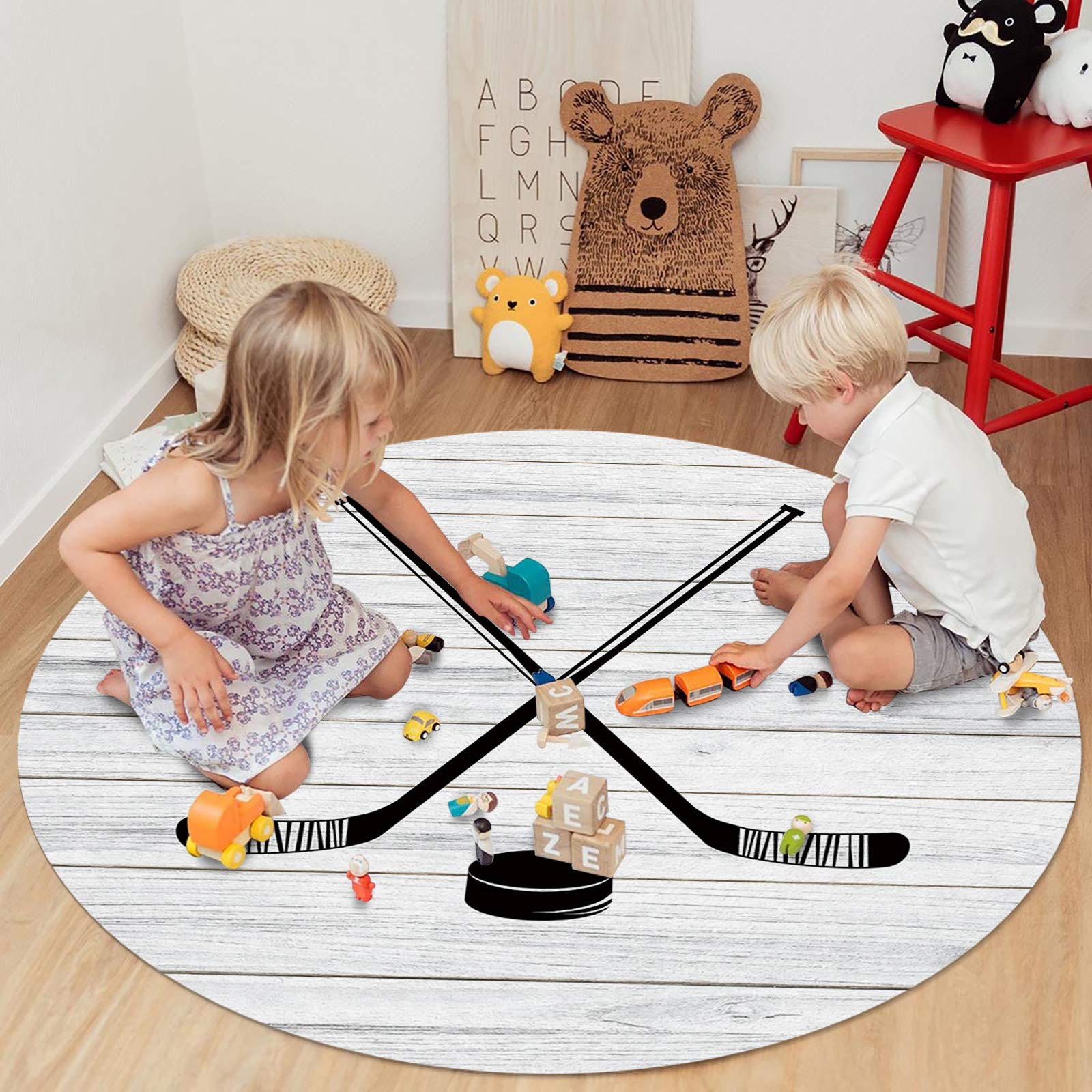 Hockey Sport Theme Round Area Rug - 5ft Diameter Anti-Skid Rustic Wooden Board Design Floor Mat for Kids Room, Nursery, Office, Bedside & Living Room | Perfect for Sports Decor, Playrooms & Cozy Home Spaces