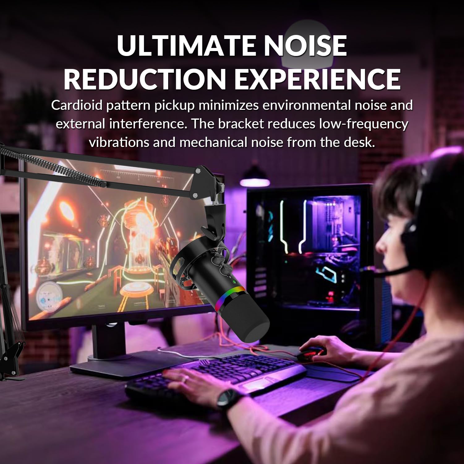 VTSGN XLR/USB Gaming Microphone Kit - Professional Dynamic Mic for Podcasting, Streaming & Recording with Boom Arm, RGB Lighting, Mute Button & Headphone Jack - Perfect for PC Gaming, YouTube Voiceovers, Twitch Streaming & Home Studio Vocals