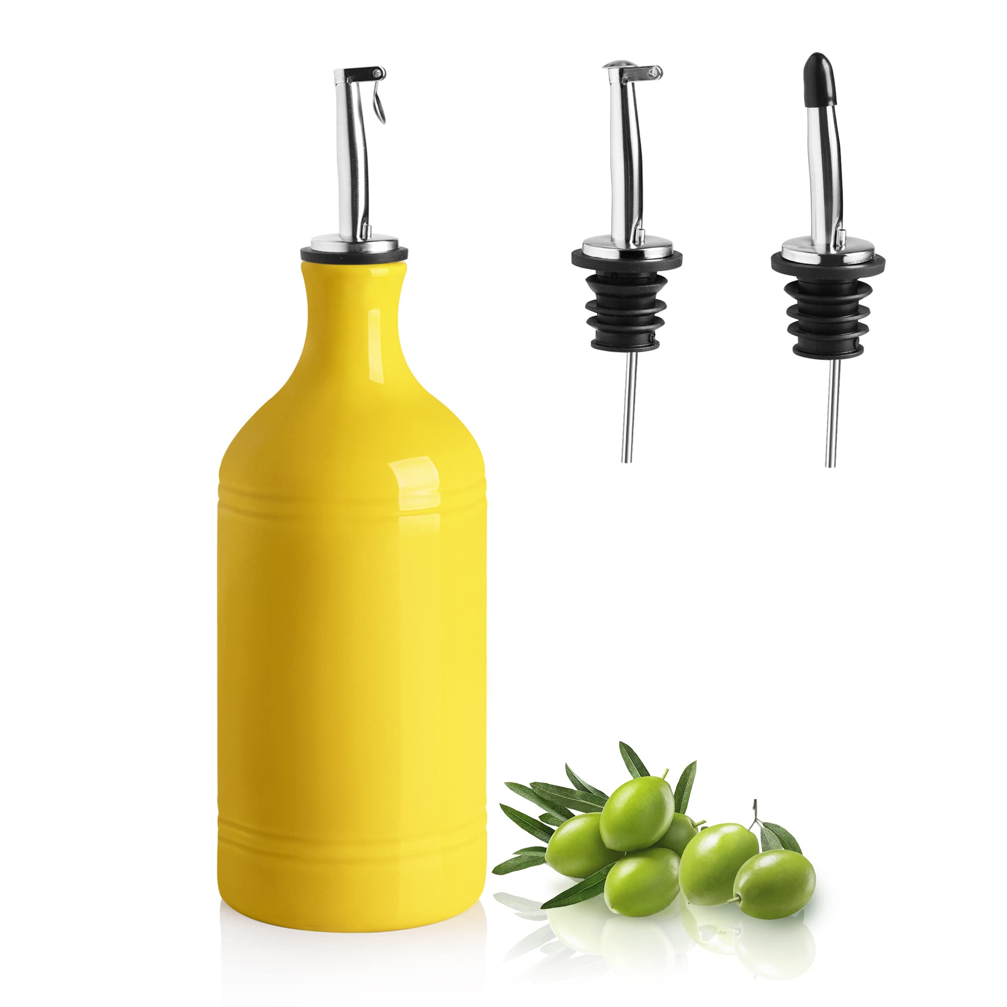 Premium Ceramic Olive Oil Dispenser Bottle - 15.5oz Opaque Oil Cruet Protects Against Oxidation - Ideal for Storing Olive Oil, Vinegar & Coffee Syrups - Durable Kitchen Essential for Cooking & Salad Dressing (Yellow, Pack of 1)