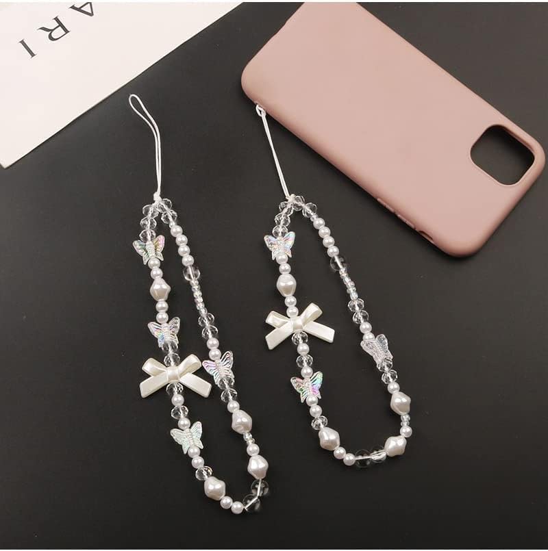 Fashionable Pearl Beaded Phone Lanyard with Bow & Butterfly Charm - Universal Anti-Lost Wrist Strap for Women & Girls - Perfect for iPhone, Samsung, Keys & Wallet Accessories - Great for Work, Travel & Everyday Use
