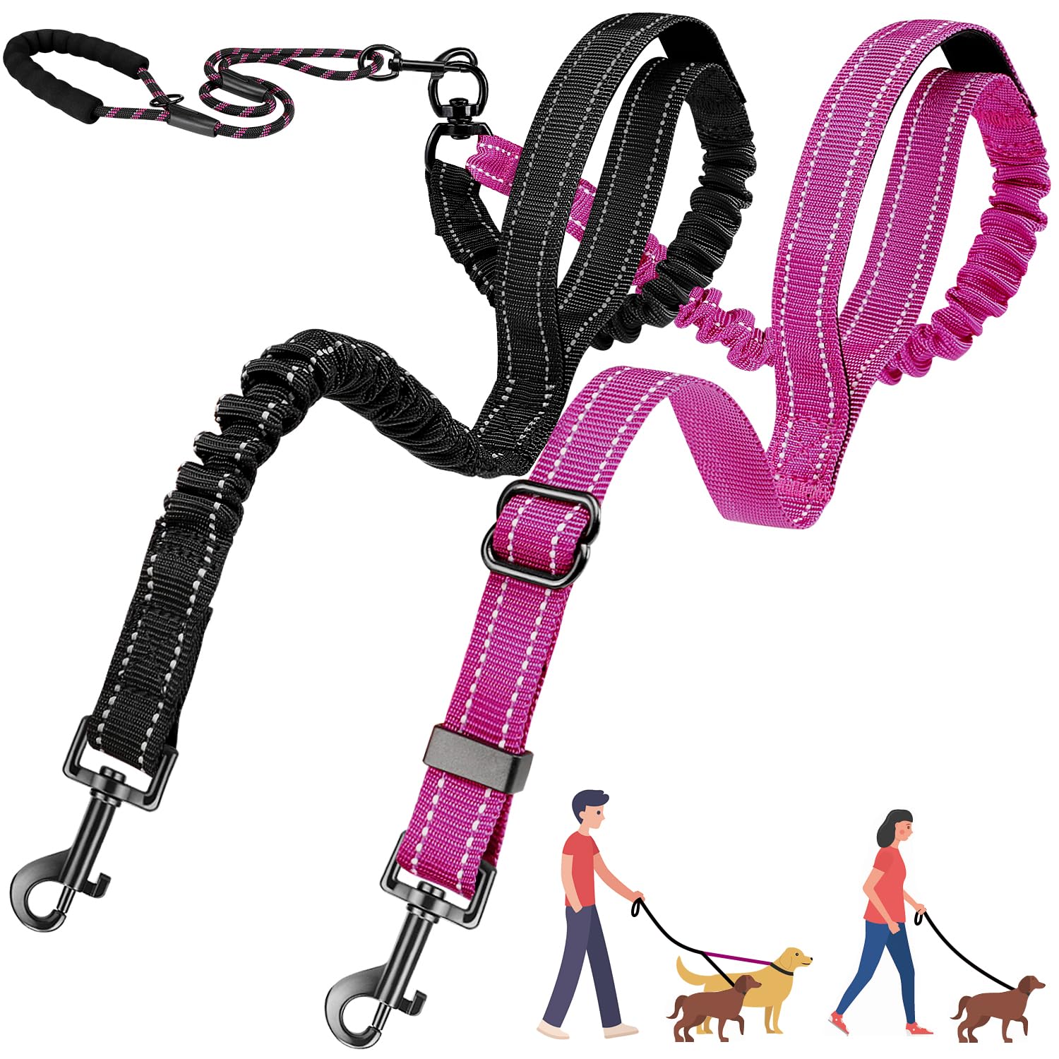 Tangle-Free Double Dog Leash for 2 Dogs - 360° Swivel Dual Leash with 4 Handles | Lightweight Reflective Adjustable Pet Leash with Shock Absorbing Bungee | Perfect for Walking, Running & Training Two Puppies Together