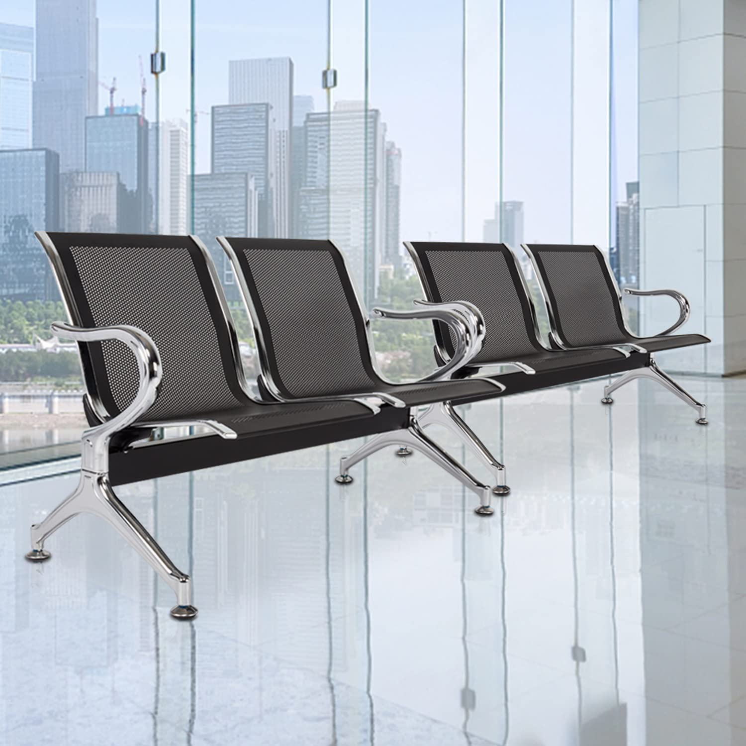 Kinfant 2-Seat Black Mesh Waiting Room Chair Bench - Comfortable Guest Reception Chairs for Airport, Hospital, Bank, Salon, Barber Shop, Conference Hall - Perfect for Lobbies, Waiting Areas & Public Spaces