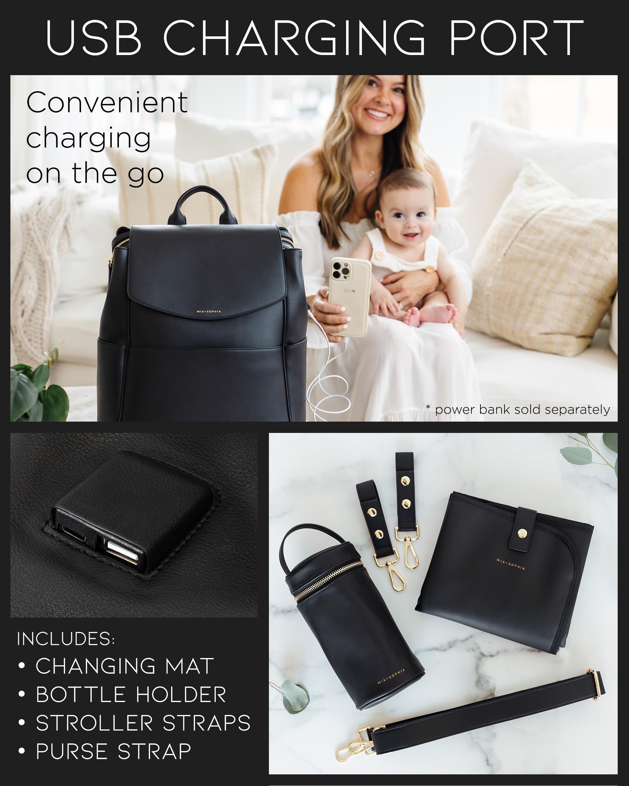 Premium Leather Diaper Bag Backpack with USB Charging Port, Insulated Bottle Pocket & Stroller Straps - Includes Changing Pad - Perfect for Baby Essentials Organization (Black Olivia) - Ideal for Travel, Daycare & On-the-Go Parents