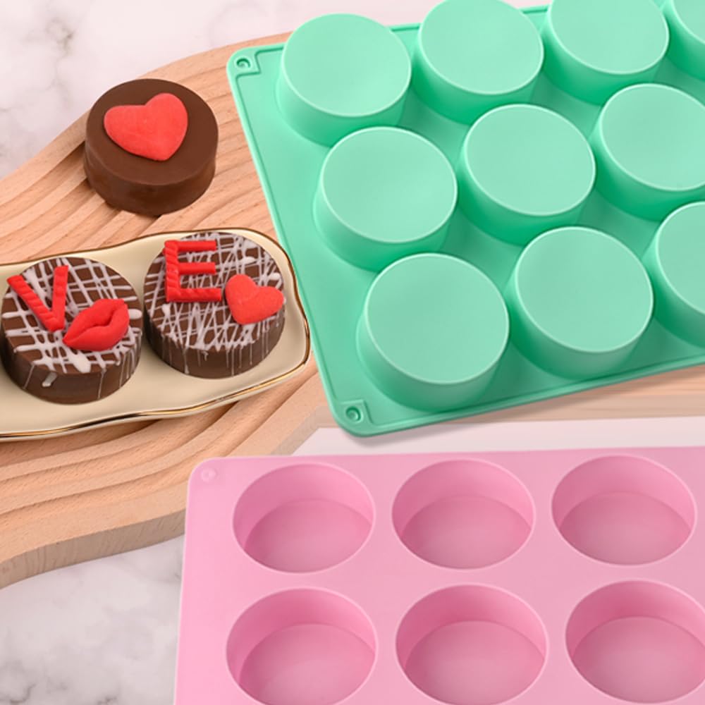 12-Cavity Round Silicone Chocolate Cookie Molds Set for DIY Baking - Includes 2 Same-Size Molds, Tray & Scraper - Perfect for Cakepucks, Candy, Pudding, Jelly Making at Home or Bakery