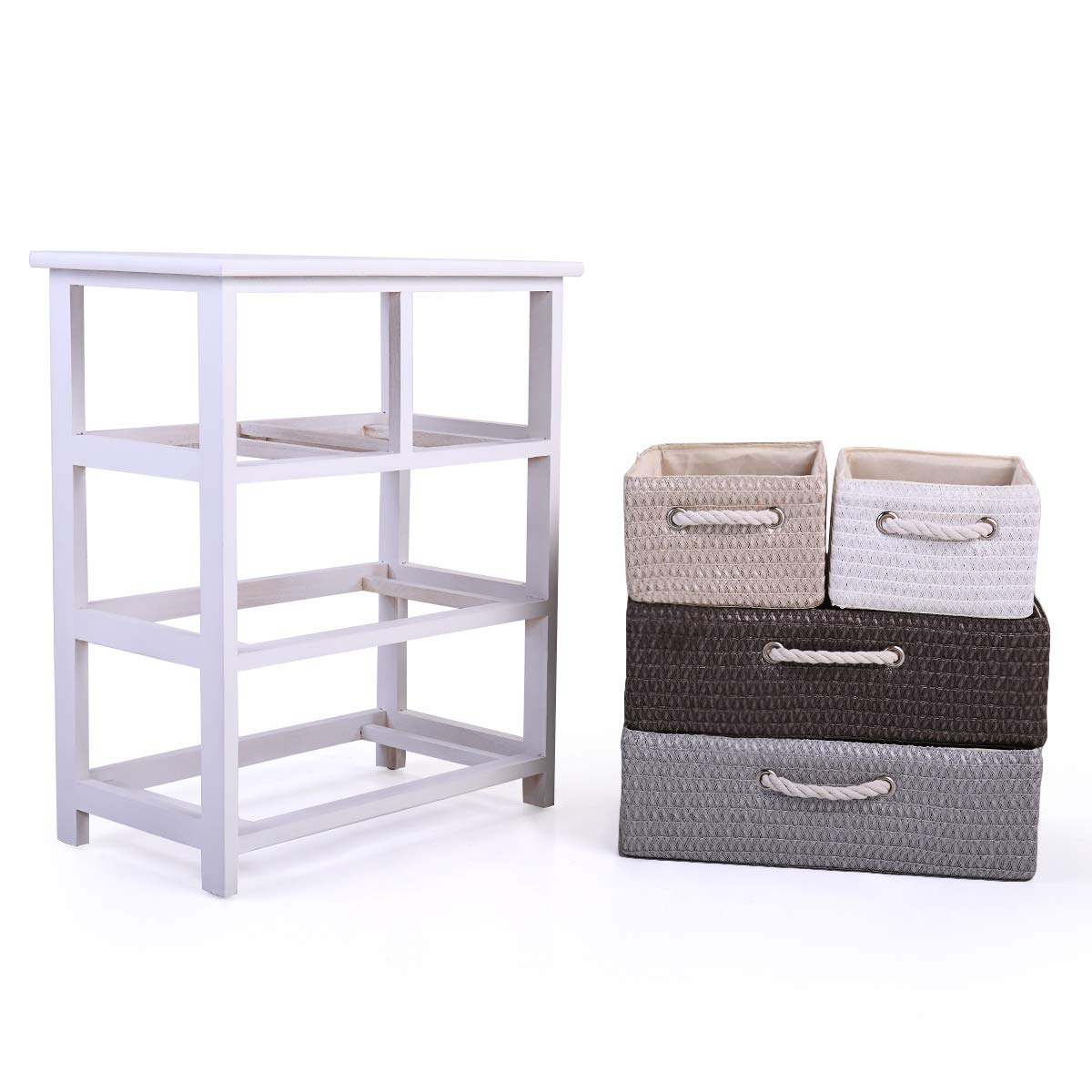 SugarTIme 4-Drawer Storage Unit with Woven Baskets - Sturdy Wood Frame Dresser Chest for Bedroom, Living Room & Office - Modern White Storage Tower Organizer - Perfect for Clothes, Toys & Home Decor Organization