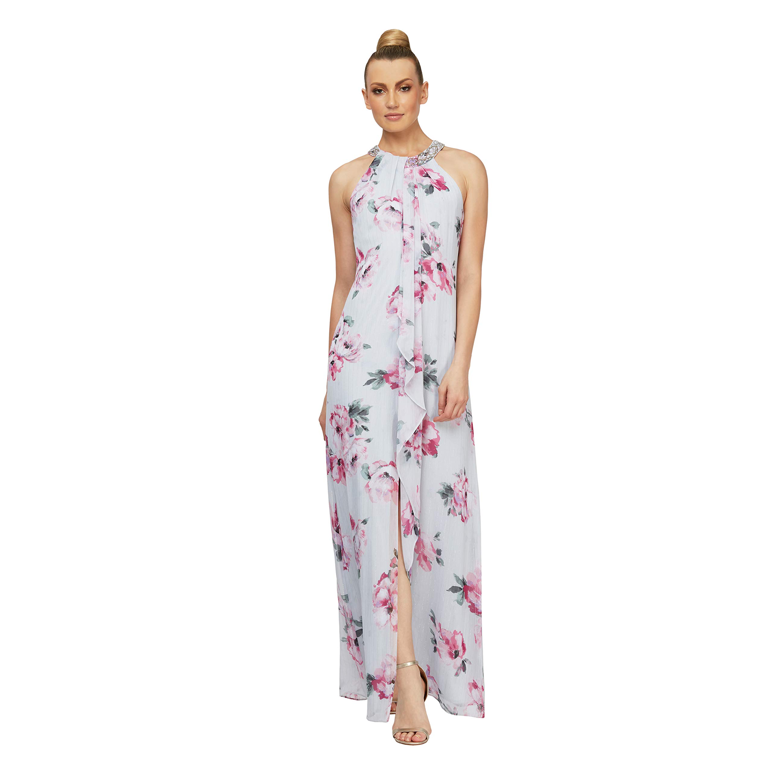 S.L. Fashions Women's Elegant Jewel Neck Drape Front Dress - Flowy A-Line Midi Dress for Office, Party & Special Occasions
