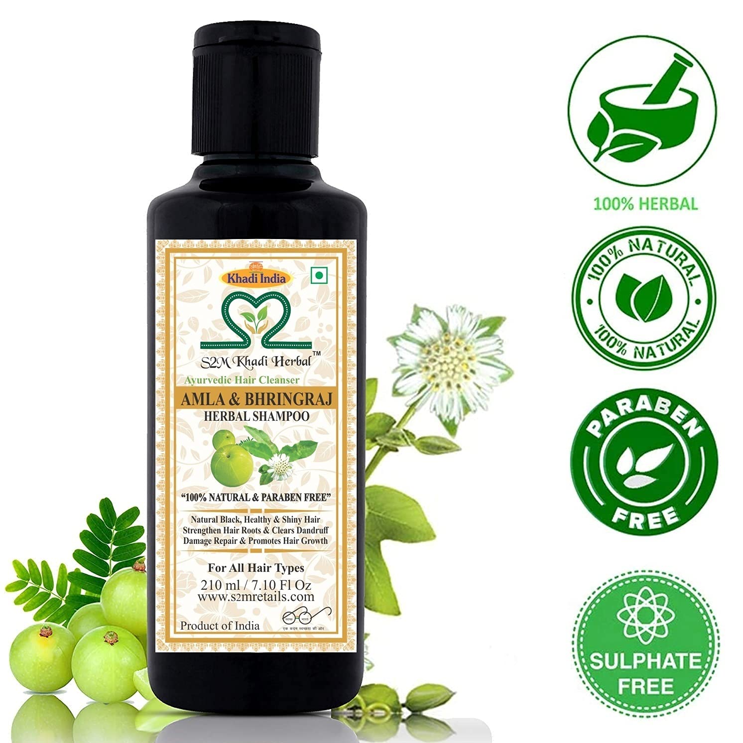S2M KHADI HERBAL Ayurvedic Hair Care Kit - Amla Bhringraj Shampoo & Green Tea Aloe Vera Conditioner (210ml Each) for Dry, Damaged Hair - Natural Herbal Treatment for Hair Growth & Scalp Health - Perfect for Daily Hair Care Routine