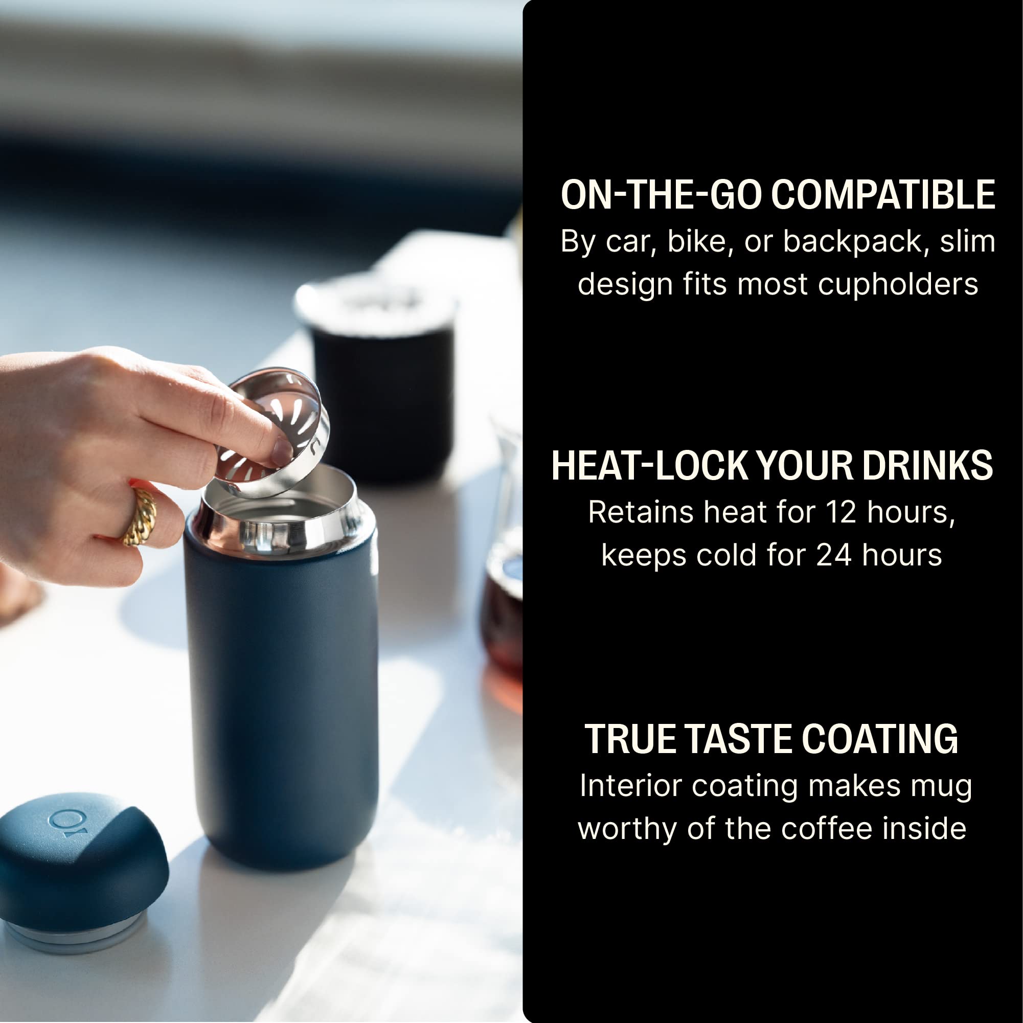 Fellow 16 oz Carter Move Travel Mug - Vacuum-Insulated Stainless Steel Coffee Tumbler with Ceramic Coating & Splash Guard - Stone Blue - Perfect for Commuting, Office & Outdoor Adventures