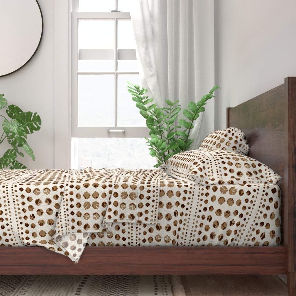 100% Cotton Twin Sheet Set 3pc - Neutral Brown Boho Shibori Print with Polka Dots & Stripes | Soft Breathable Bedding for Bohemian Style Bedroom Decor