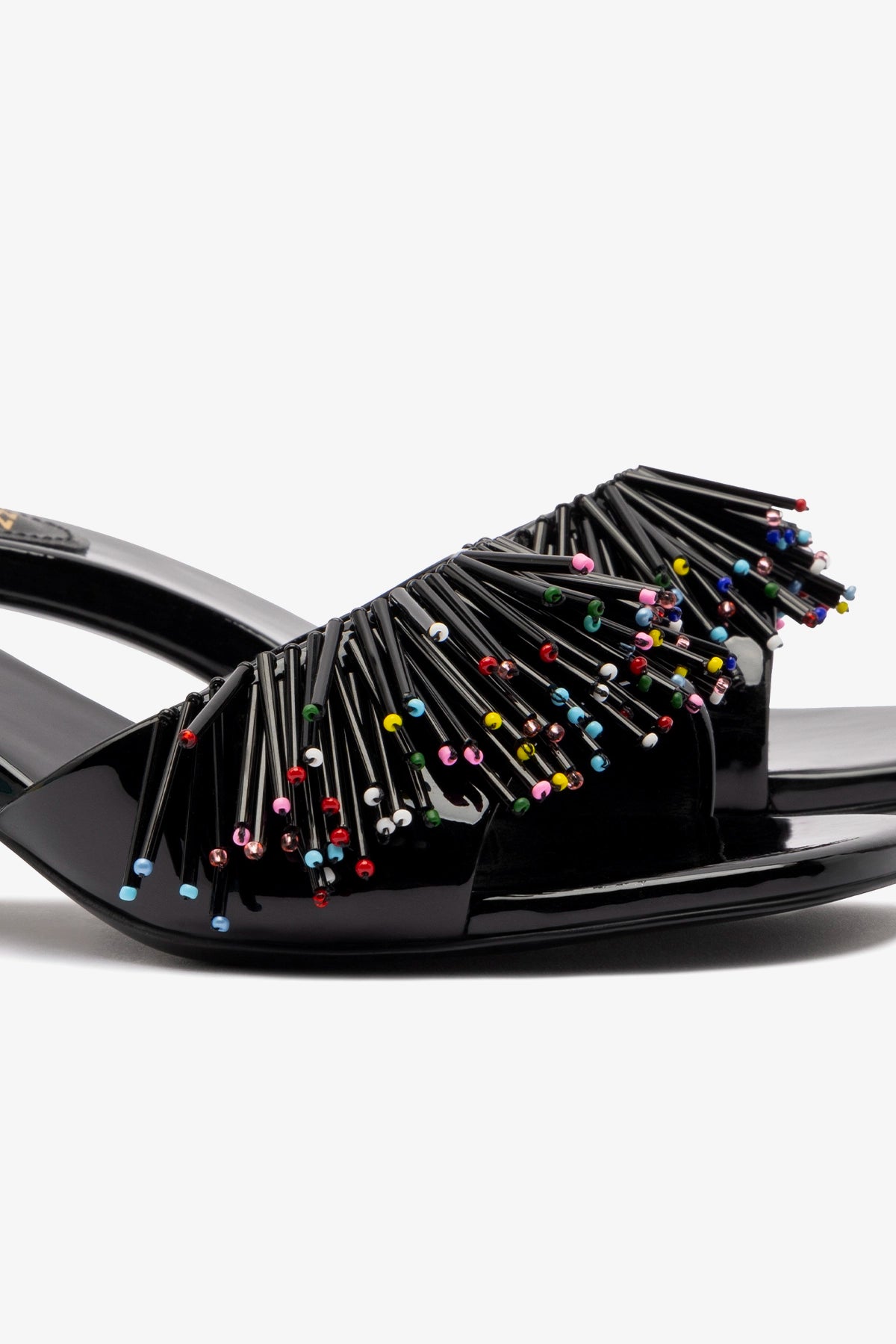 Larroudé x Jonathan Cohen Black Patent Leather Fringe Greta Mule - Stylish Women's Shoes for Parties & Evening Events