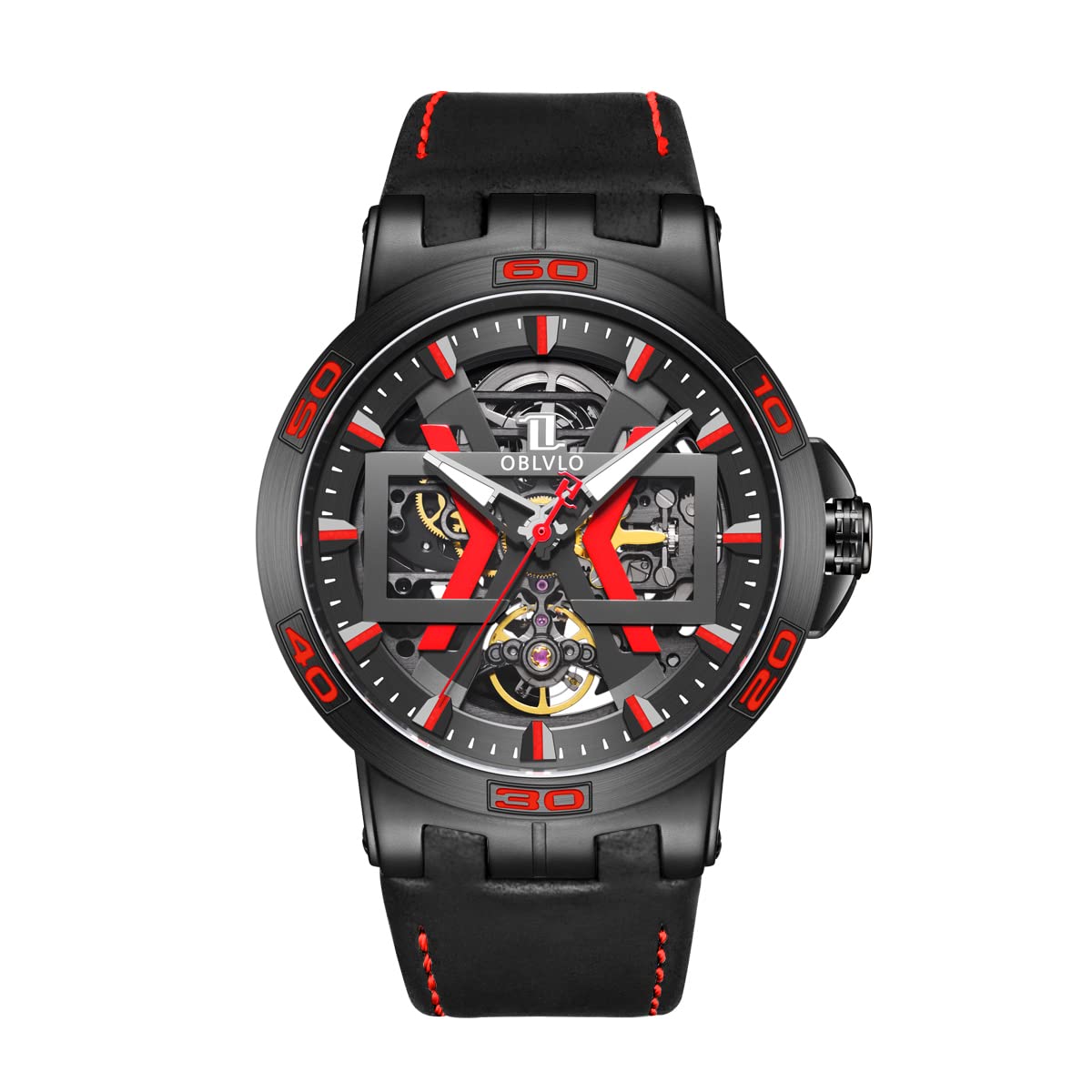 OBLVLO Men's Black Skeleton Automatic Watch - Waterproof Military Timepiece with Genuine Crazy Horse Leather Strap - Stylish Dress Watch for Business, Casual Wear & Outdoor Adventures