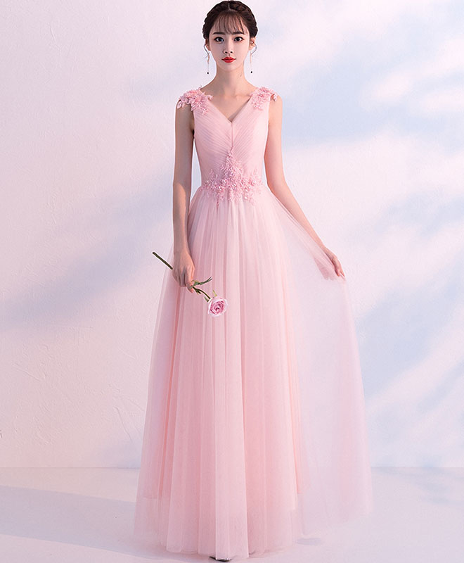 Elegant Pink V-Neck Tulle Long Prom Dress & Bridesmaid Gown - Perfect for Formal Dances, Weddings, and Special Occasions