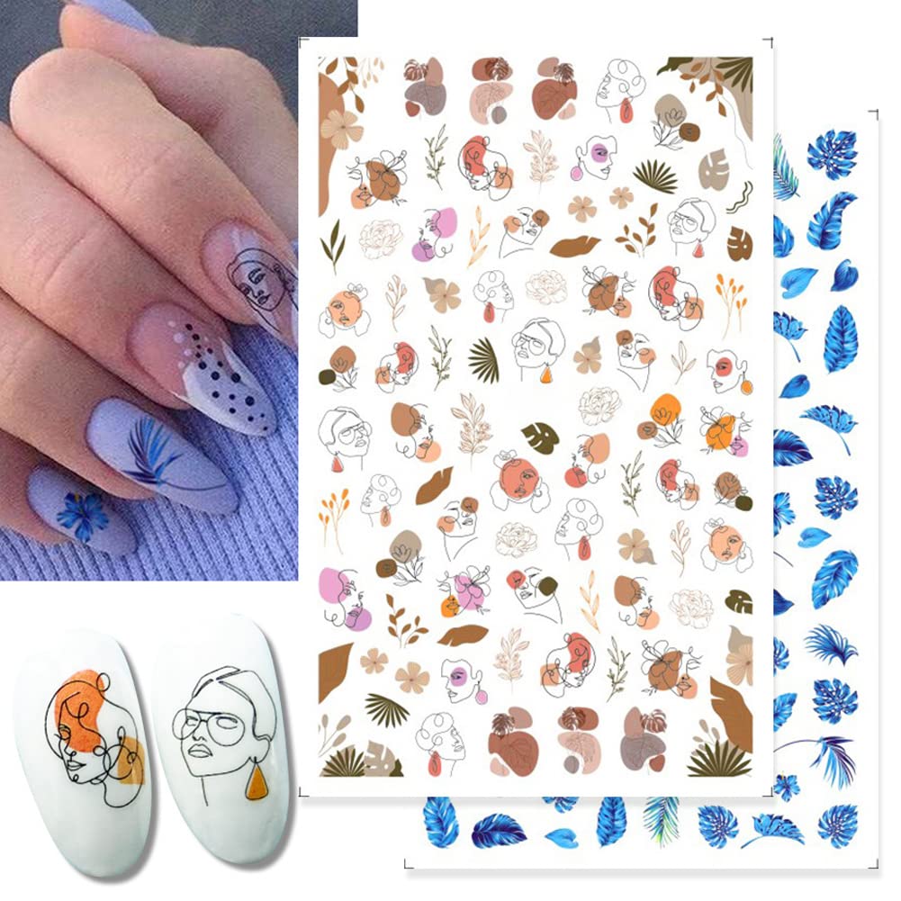5 Sheets French Nail Art Stickers - Floral Leaves 3D Self-Adhesive Nail Decals for Women | Colorful Wavy Stripe & Abstract Leaf Designs | Perfect for Manicure, Pedicure, Nail Salon & DIY Home Nail Art