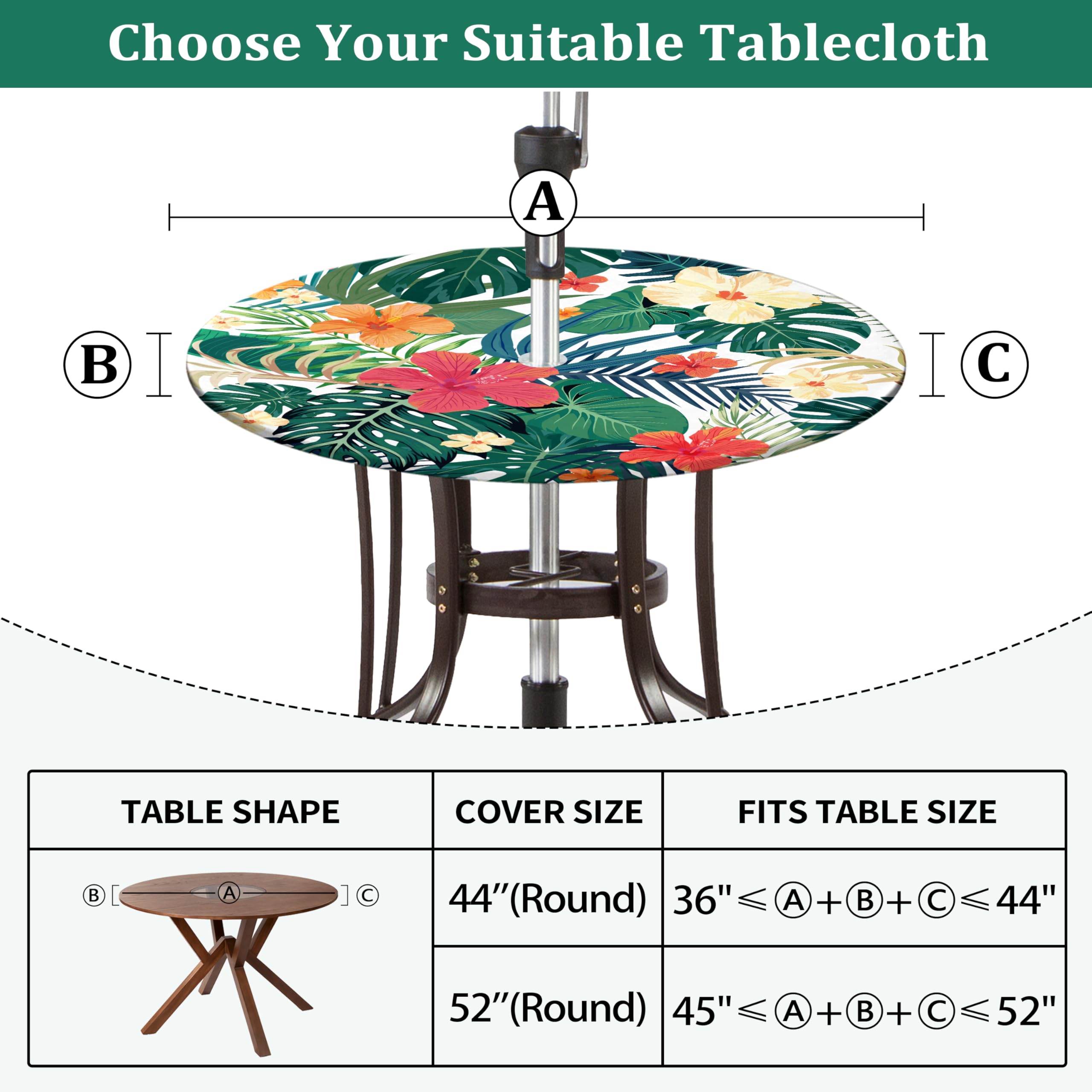 Waterproof Round Outdoor Tablecloth with Umbrella Hole - Elastic Zipper Fitted Table Cover for 36-44 Inch Patio Tables - Perfect for Picnic, BBQ, Garden Party & Backyard Dining