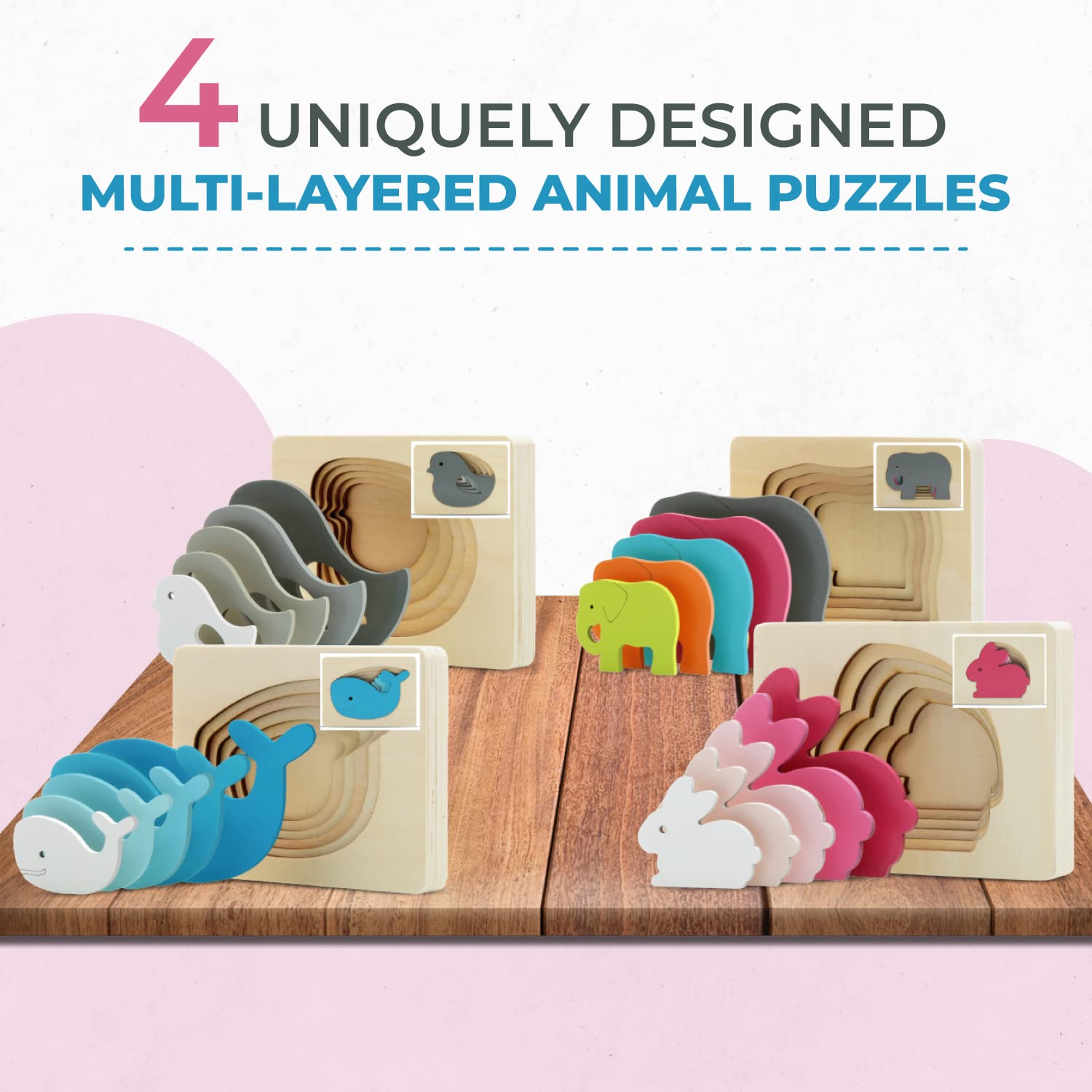 TEKOR 4-Piece Wooden Animal Puzzle Set - Multi-Layered Educational Toy for Kids Ages 3+ | Safe Non-Toxic Paint | Develops Hand-Eye Coordination & Cognitive Skills | Perfect for Preschool Learning, Birthday Gifts & Montessori Activities