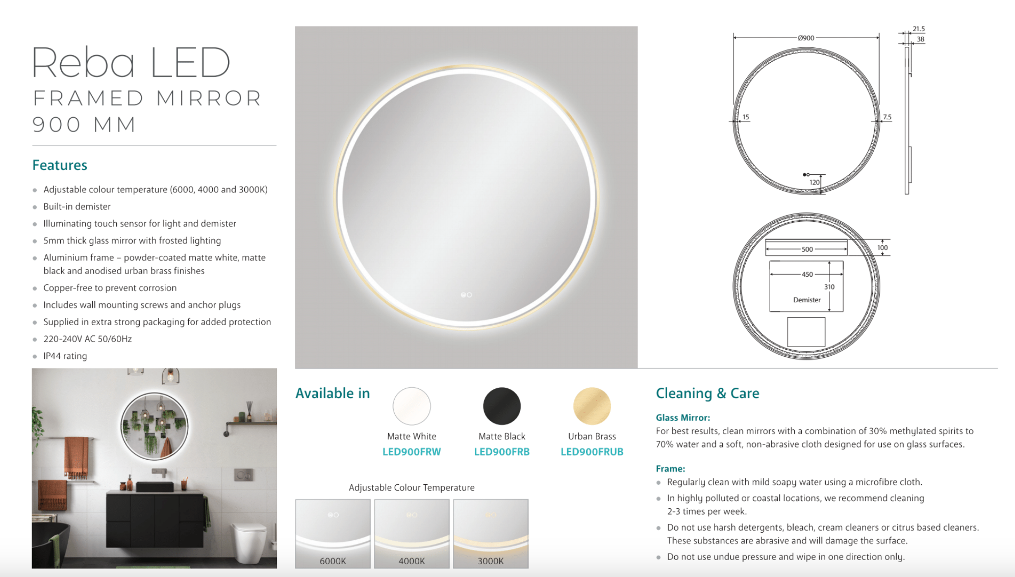 Fienza LED900FRUB Reba LED Urban Brass Framed Bathroom Mirror, 900mm - Perfect for Modern Vanity, Makeup, and Home Décor Lighting
