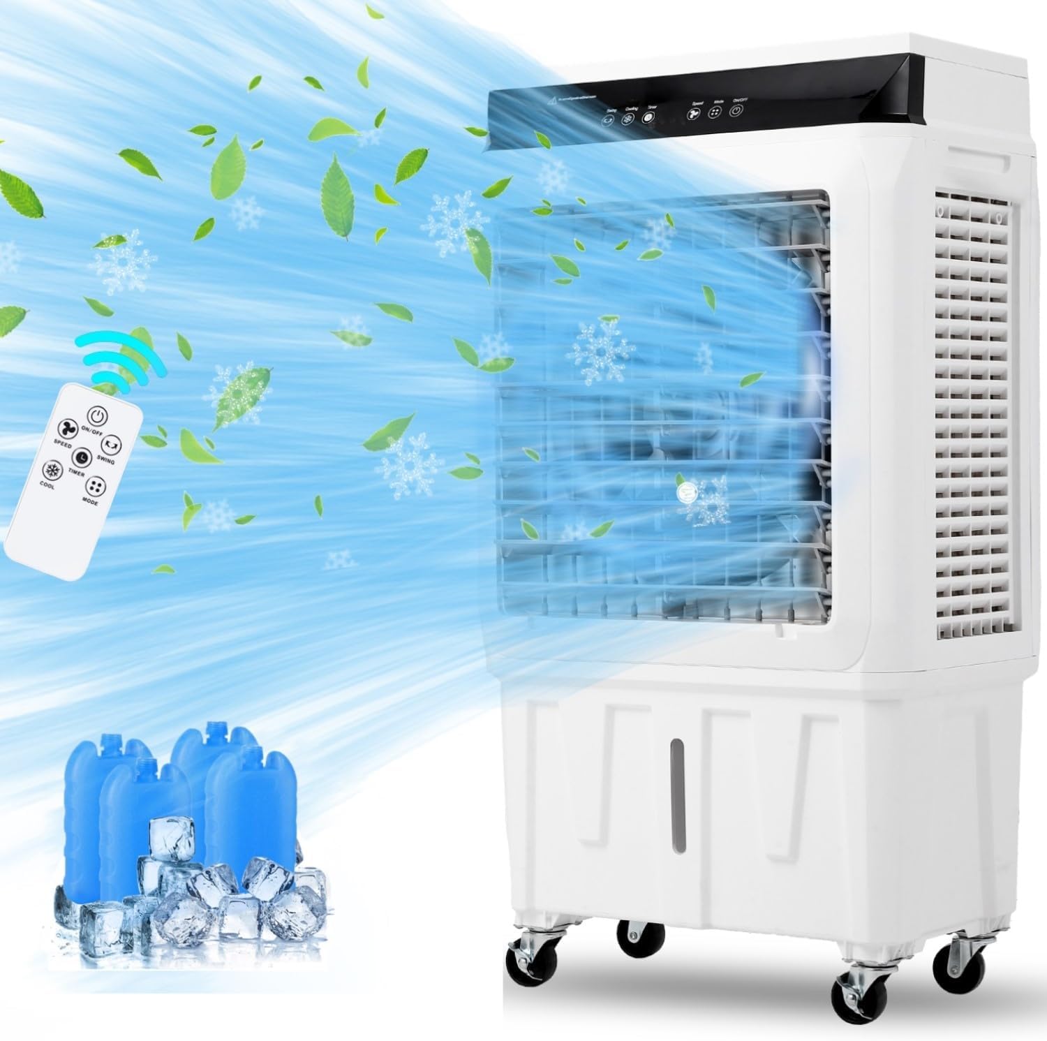 Portable Evaporative Air Cooler - 1800 CFM Swamp Cooler with Remote Control, 4 Ice Packs, 3 Speed Modes for Indoor & Outdoor Use - 8.4 Gallon Water Tank - Perfect for Patio, Garage, Bedroom, and Office Cooling