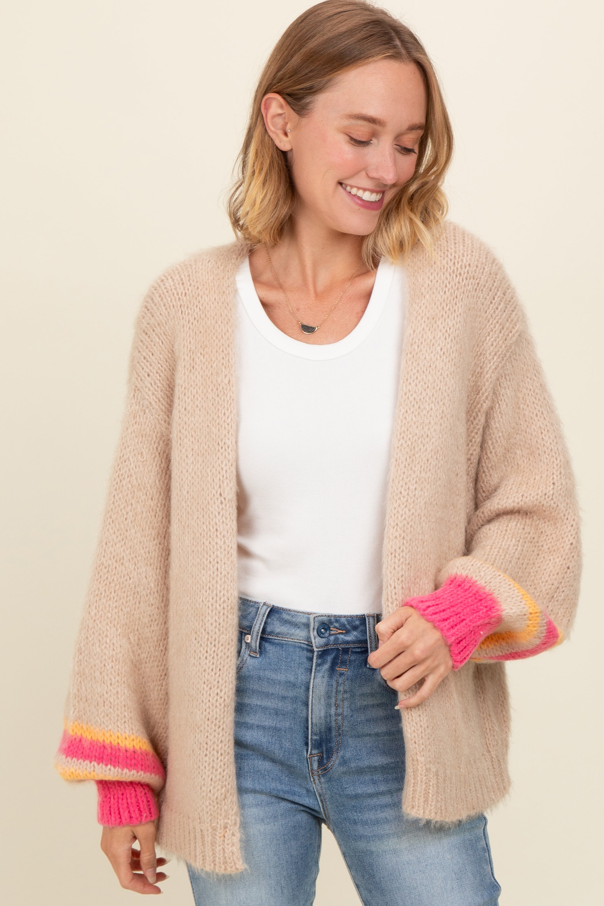 Beige Brushed Knit Striped Sleeve Cardigan for Women - Soft Cozy Long Sleeve Open Front Sweater - Perfect for Fall Outfits, Office Wear & Casual Dates