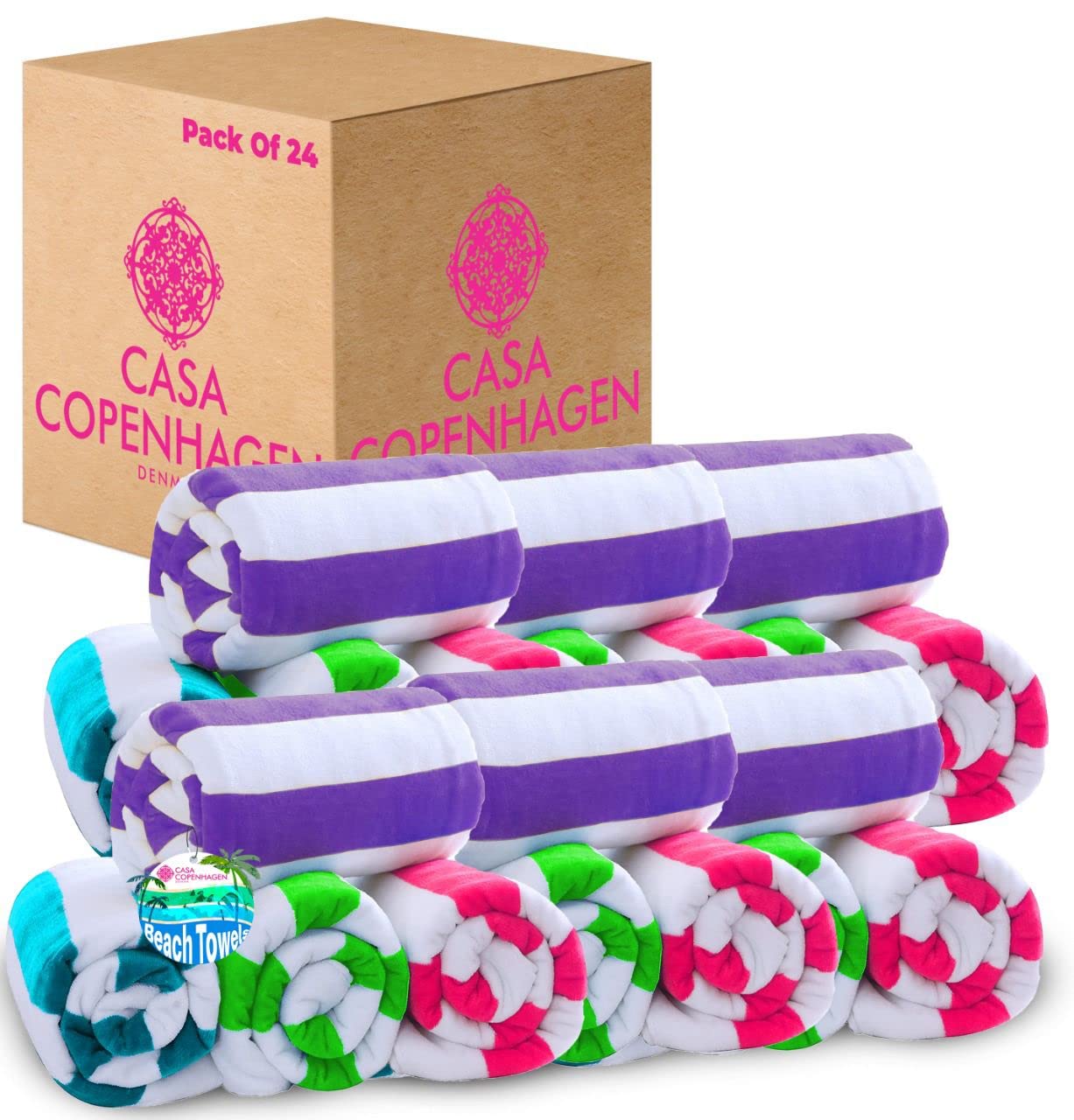 Premium 24-Piece Cotton Beach Towel Set - Quick Dry, Highly Absorbent, Durable for Pool, Bath & Shower | Casa Copenhagen Cabana Designed in Denmark | Teal, Pink, Purple, Green | Perfect for Beach Vacations, Spa Days & Outdoor Adventures