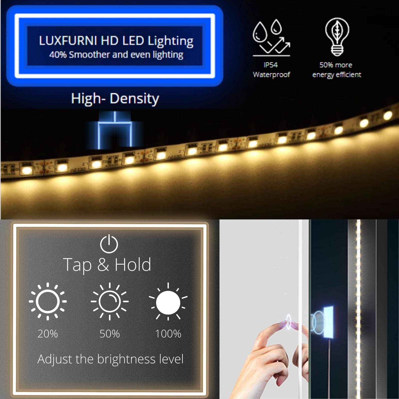 LUXFURNI Full Length LED Mirror with Lights - Adjustable Brightness Wall Mount & Over Door Hanging Mirror for Bedroom, Dressing Room, Vanity - Perfect for Makeup, Outfit Checks & Home Decor