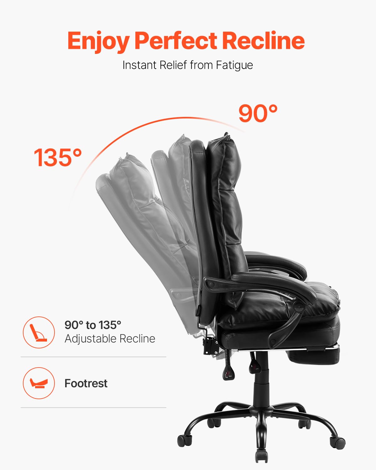 VEVOR Executive Office Chair with Footrest - 400lb Capacity Ergonomic Desk Chair with Lumbar Support, Heavy Duty PU Leather Reclining Chair, Height Adjustable for Home & Office Workspaces - Perfect for Long Hours of Comfortable Sitting