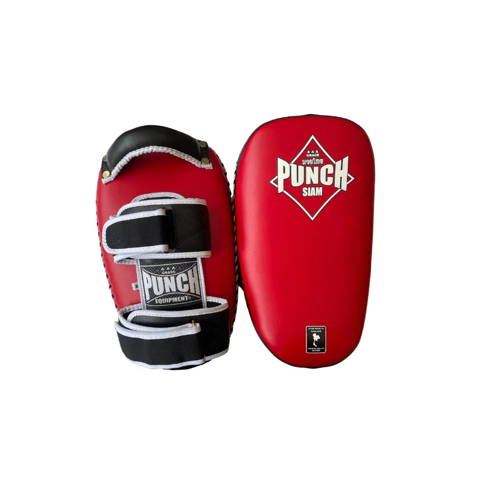 Authentic Thai Pad Muay Thai Kickboxing Training Pads - Premium Siam Leather, Curved Design, Double Strap for Secure Fit - Red/White - Perfect for Martial Arts, MMA, and Fitness Training