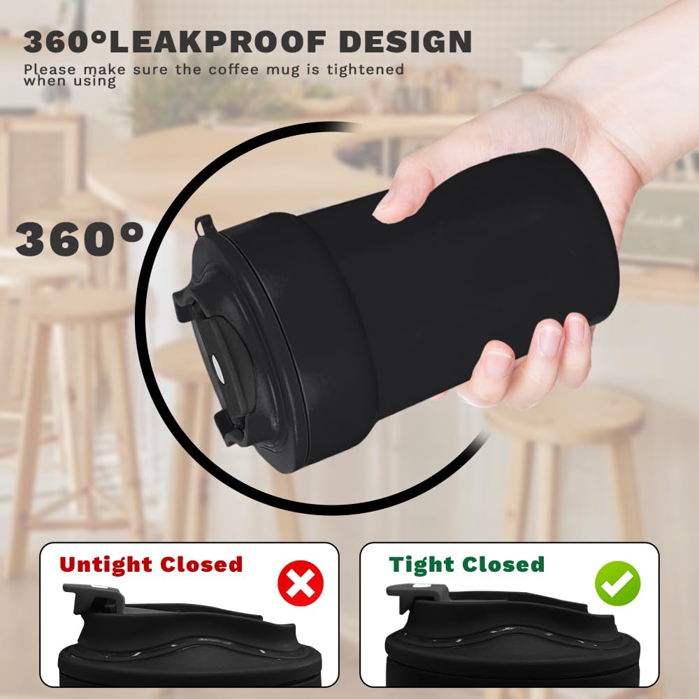 **Spill-Proof 15 oz Insulated Coffee Travel Mug with Lid - Leak-Proof Reusable Thermos for Hot & Cold Drinks - Perfect for Commuting, Office, Hiking & Travel - Black**