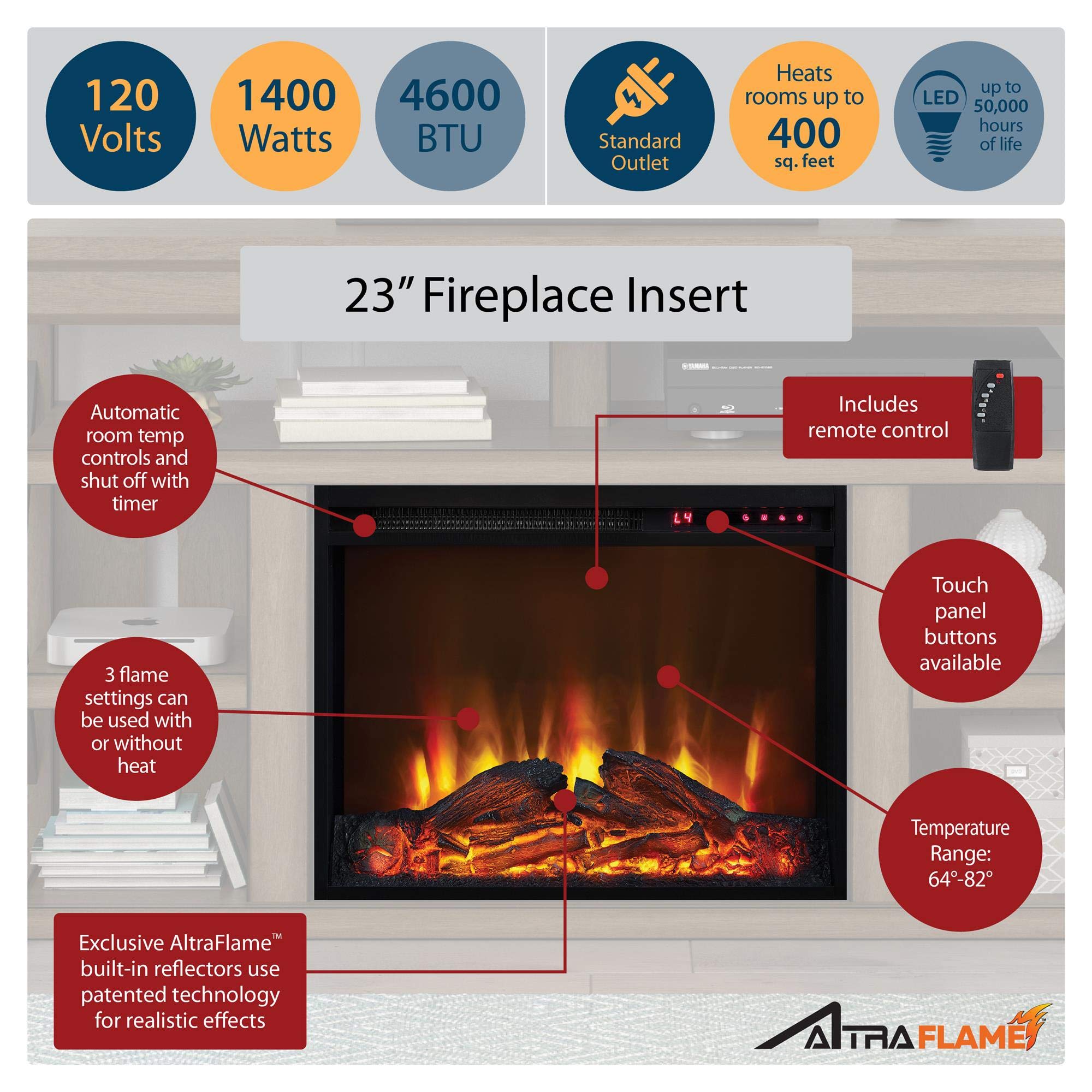 Ameriwood Home Overland 50 Inch TV Stand with Electric Fireplace Insert - Black | Remote Control, Timer, Realistic Flame Effect | Perfect for Living Room, Bedroom & Home Theater Setup