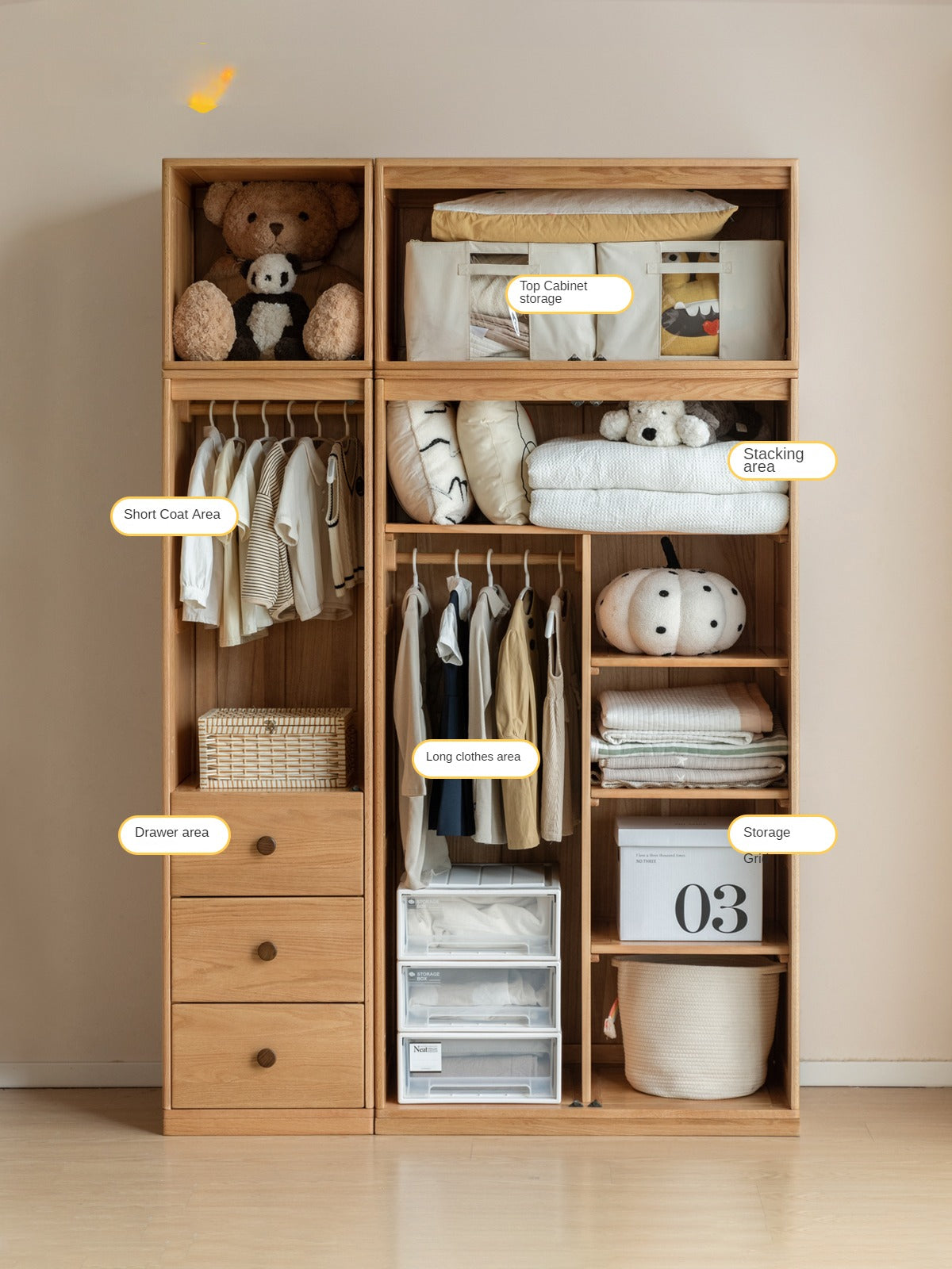 Solid Oak Wood Kids Wardrobe - Durable & Stylish Children's Closet Organizer for Bedroom, Nursery, or Playroom Storage