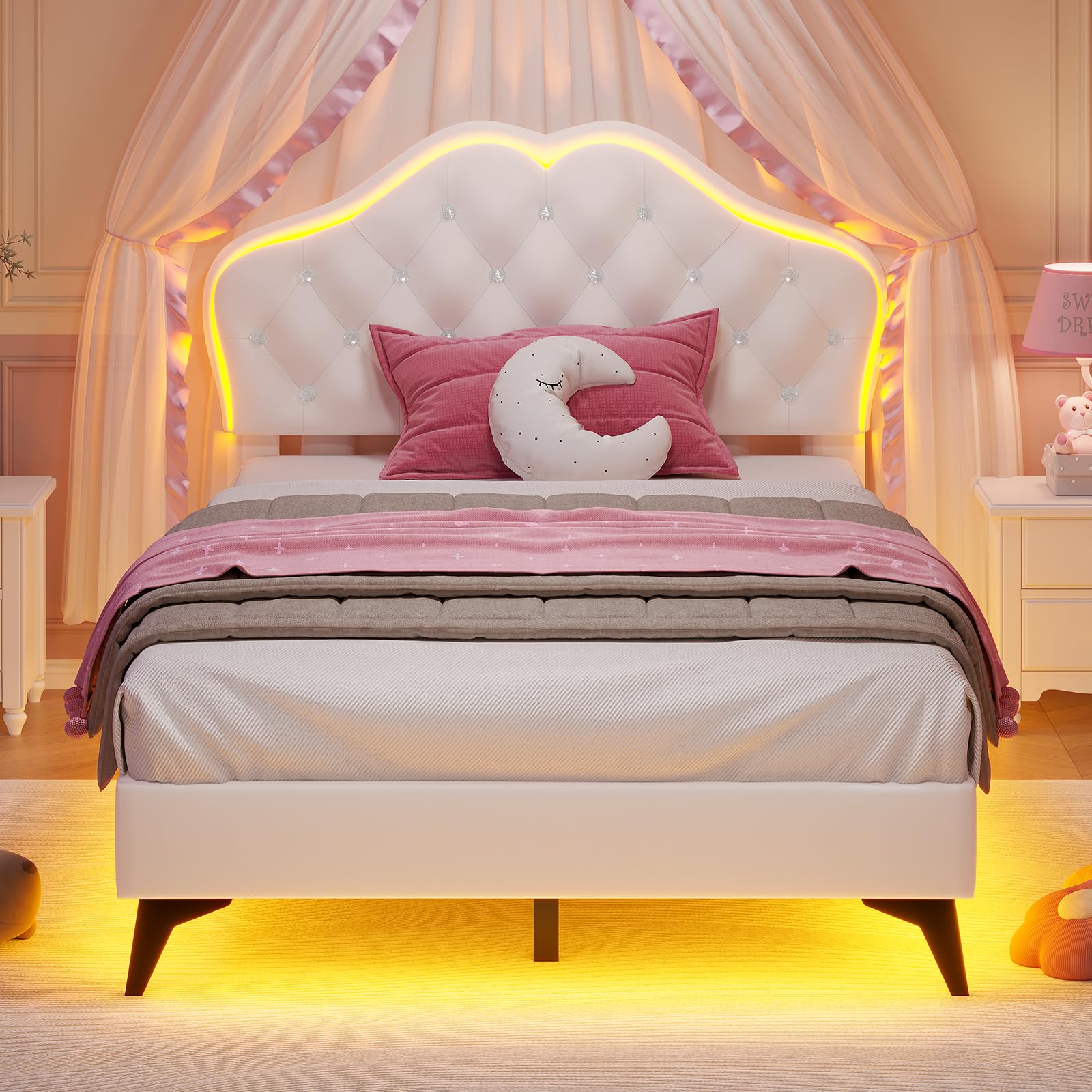 ADORNEVE Twin Bed Frame with RGB LED Lights & Adjustable Crystal Headboard - Velvet Upholstered Platform Bed for Girls with Solid Wood Slats - Easy Assembly Cream White - Perfect for Princess Themed Bedrooms & Teen Girls' Sleepovers