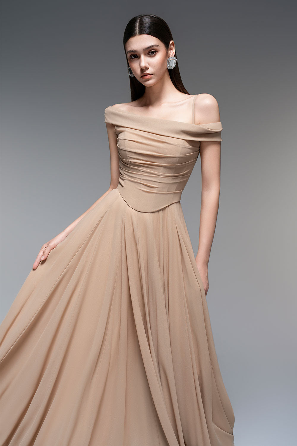 Elegant A-Line Draped Chiffon Maxi Dress in Nude - Perfect for Weddings, Parties & Special Occasions