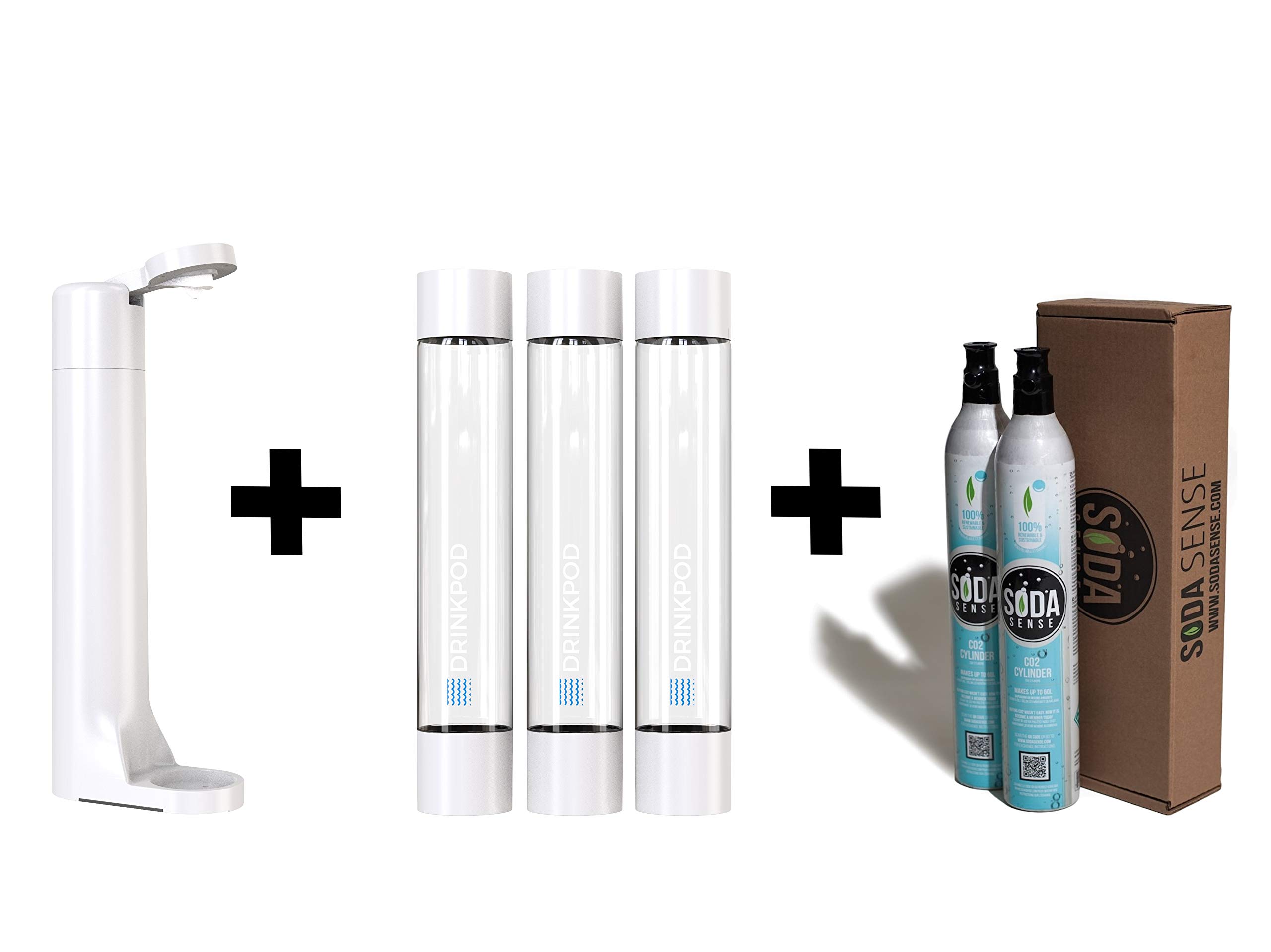 FIZZpod Soda Maker Machine - Make Sparkling Water, Juice, Coffee, Tea & Cocktails at Home | Includes 3 BPA-Free Bottles, 3 Caps, Carbonator Cap & Manual | Perfect for Kitchen, Office & Parties (White + 2 CO2 Cylinders)
