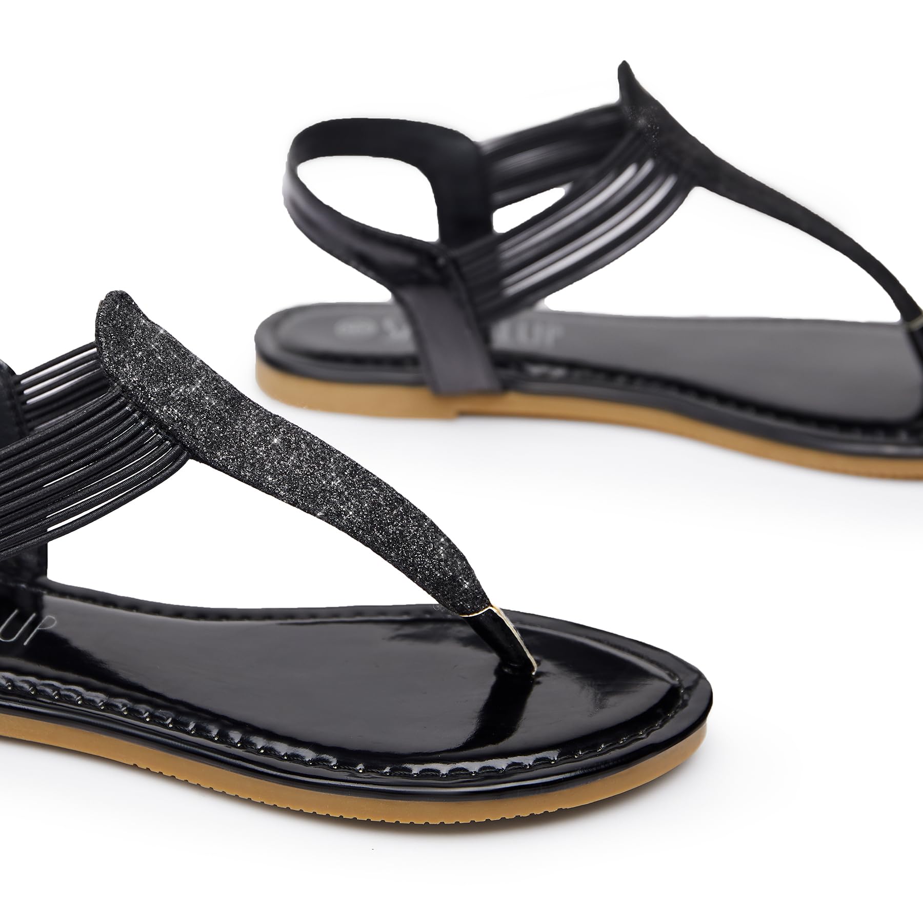 SANDALUP Women's Sparkling Elastic Strap Flat Sandals - Comfortable Thong Sandals with Ankle Strap for Summer - Dressy & Casual Glitter Sandals for Walking, Beach, Parties & Outdoor Activities