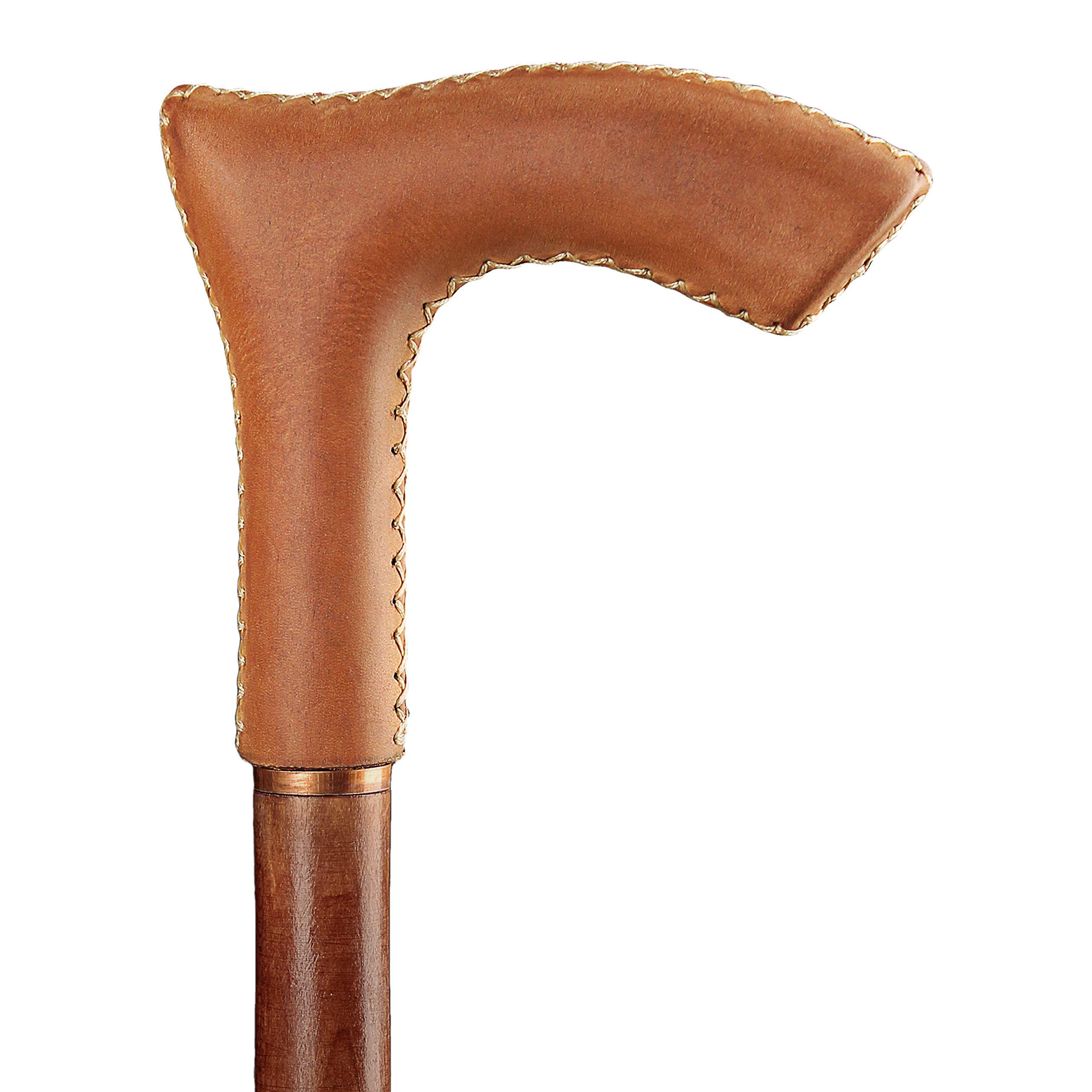 Premium Hand Carved Leather Wrapped Wooden Walking Cane - Derby Style Hiking Stick for Men & Women - Perfect Gift for Seniors, Travel & Outdoor Adventures
