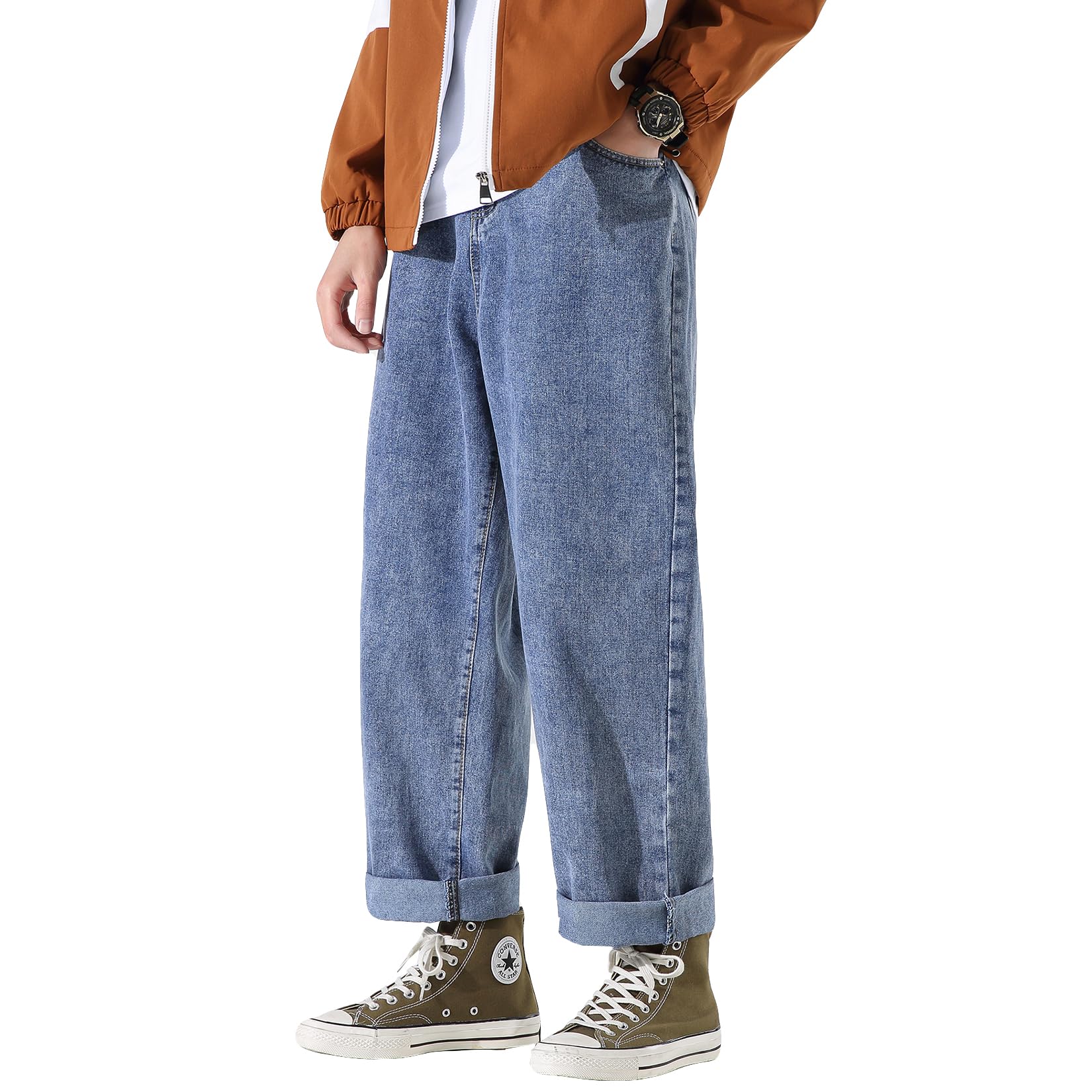 DOSLAVIDA Men's Work Jeans - Casual Hip Hop Cargo Pants, Solid Color Loose Fit Straight Wide Leg Cotton Denim Trousers with Zipper for Construction, Warehouse & Streetwear Fashion