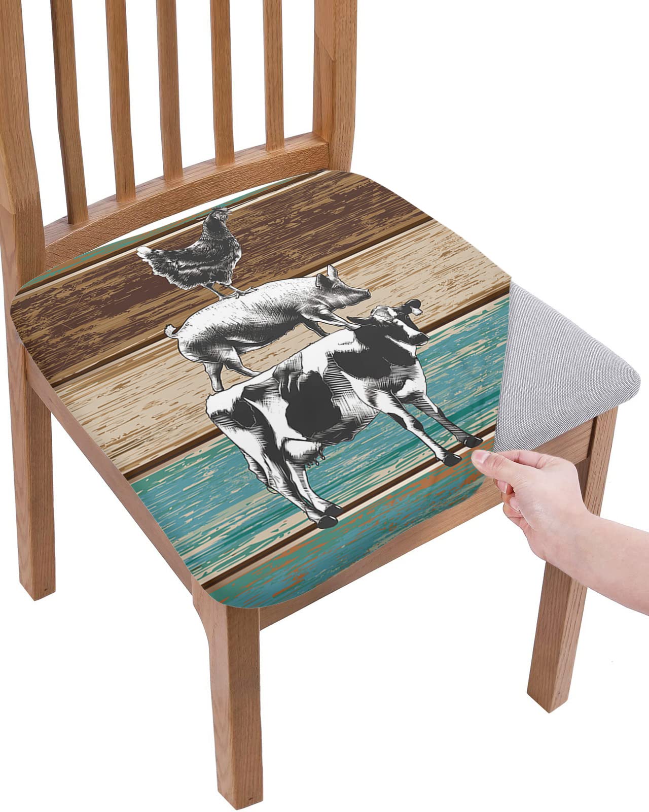 Stretch Chair Seat Cover Set of 2 - Washable Farm Animal Slipcovers (Chicken, Pig, Cow) for Kitchen & Dining Room Chairs - Rustic Wood Board Design, Removable Seat Protector - Perfect for Farmhouse Decor, Family Gatherings & Dinner Parties