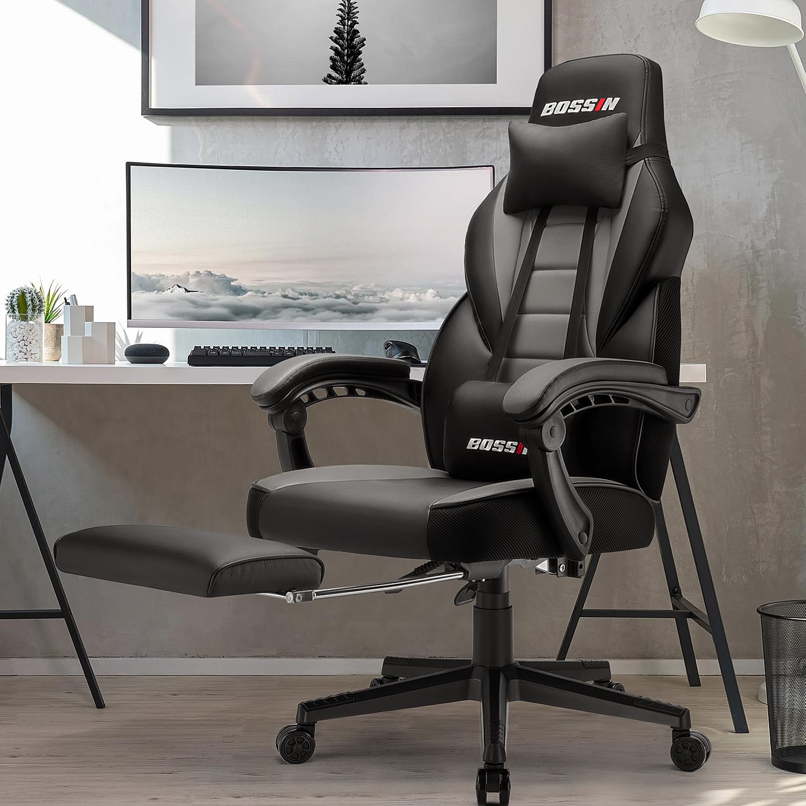 BOSSIN Ergonomic Gaming Chair with Massage & Footrest - Heavy Duty High Back Office Chair with Lumbar Support & Large Cushion for Big & Tall Adults - Perfect for Home Office, Gaming Setup, and Streaming Studios