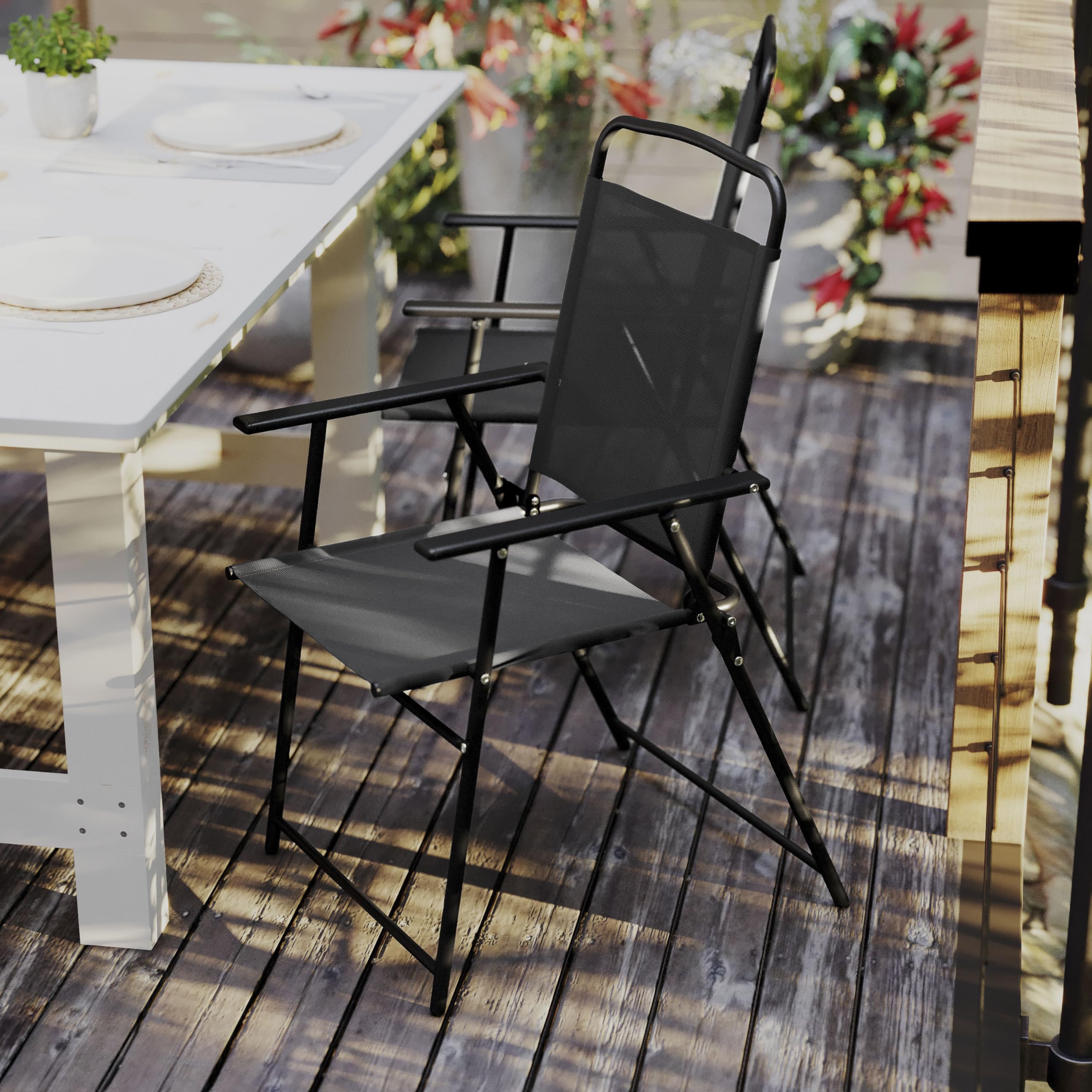 Folding Patio Sling Chairs - Set of 4 Outdoor Textilene Lawn Chairs with Armrests, Durable & Comfortable for Backyard, Poolside, Garden, and Patio Relaxation